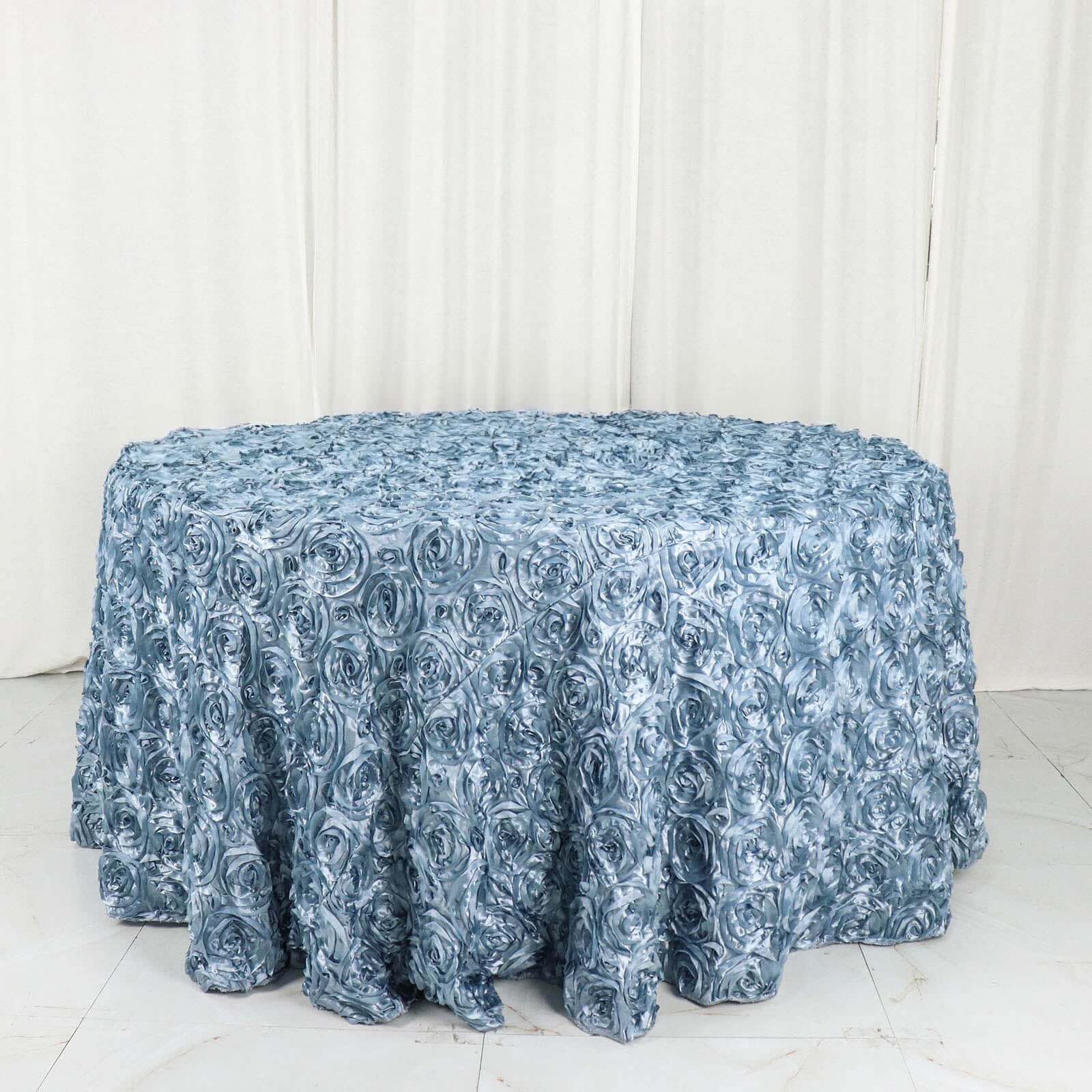 Hot! Dusty Blue 120" Satin Round Tablecloth with 3D Rosette & Seamless Finish