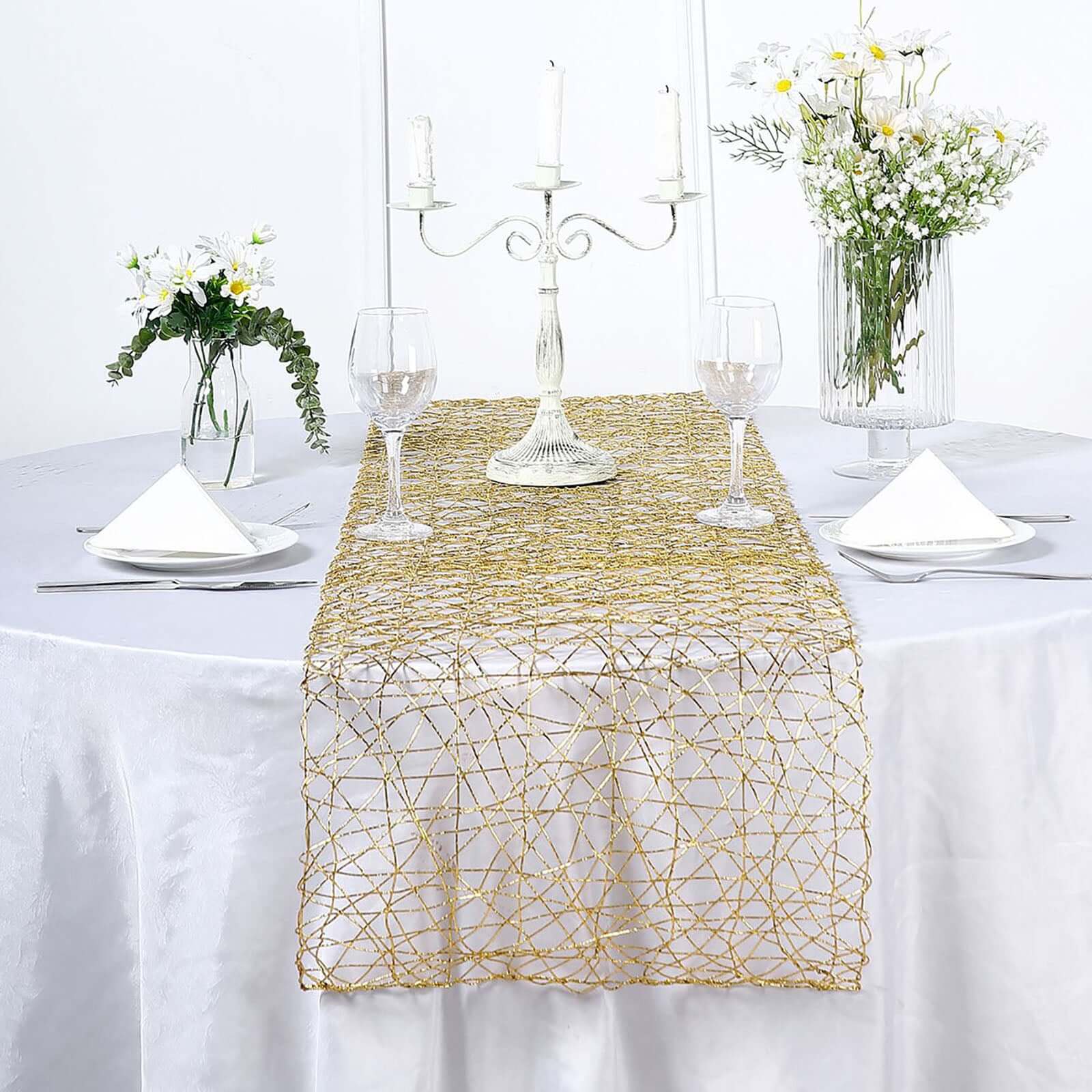 Hot Sale! 16x72 Gold Foil Wrapped Metallic String Woven Table Runner for Decor