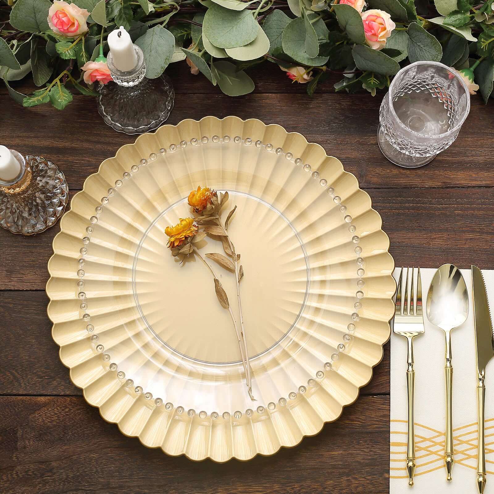 6-Pack Gold Plastic Round Charger Plates, 13 inches, Coastal Style with Scalloped Shell Pattern, Disposable Tableware