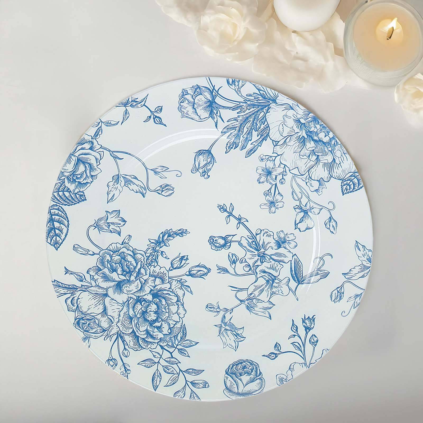 Hot Sale! 6-Piece Set of 13-Inch White Acrylic Round Charger Plates with Light Blue French Toile Floral Pattern for Dinner Parties