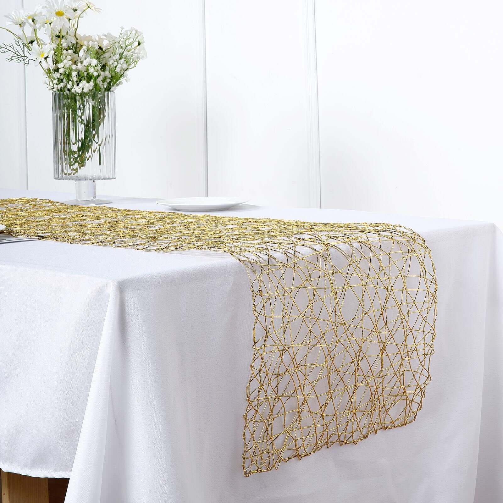 Hot Sale! 16x72 Gold Foil Wrapped Metallic String Woven Table Runner for Decor