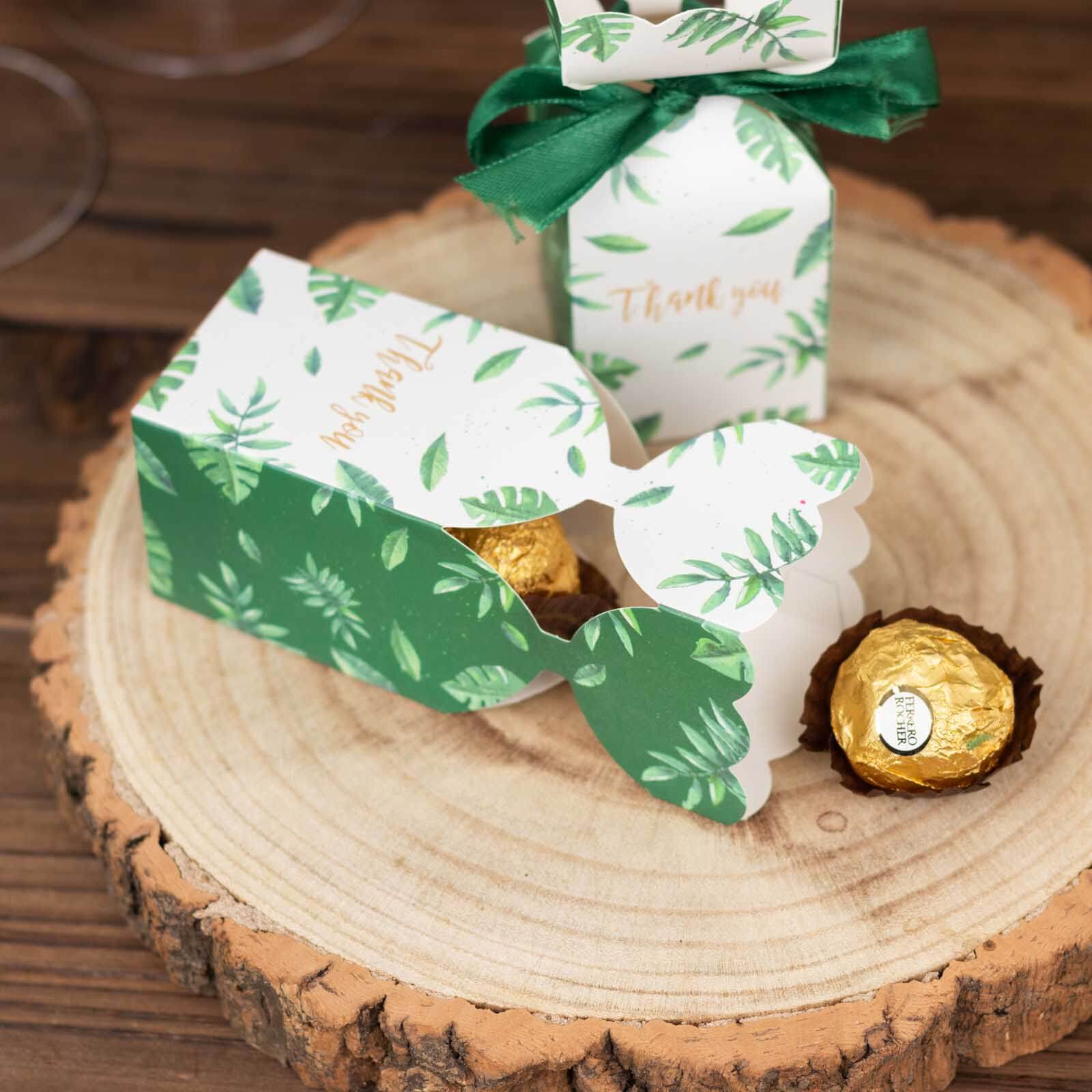25-Pack Green Leaf Print Satin Ribbon Candy Gift Boxes - Perfect Party Favors