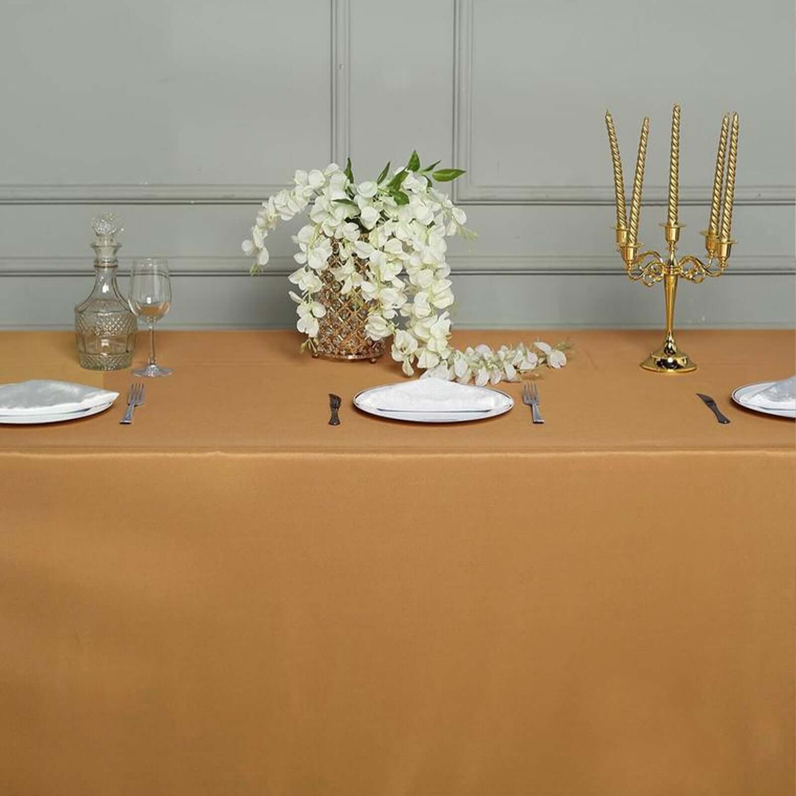 Exclusive Gold Polyester 90x132 Rectangle Tablecloth - Seamless & Wrinkle-Resistant for Luxurious Celebrations