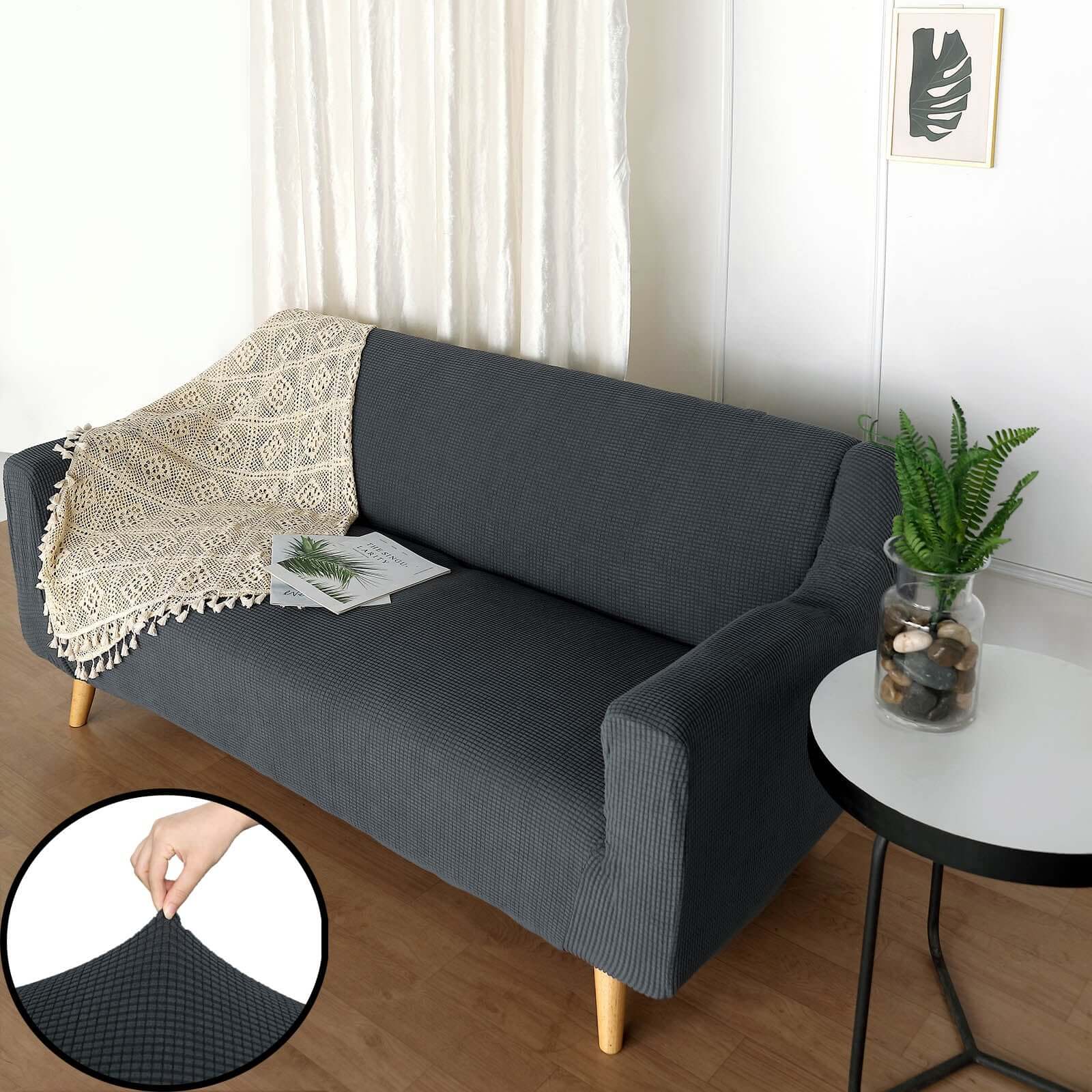 Hot Deal! Charcoal Gray Jacquard Spandex Loveseat Slipcover - 1-Piece Easy Fit Design