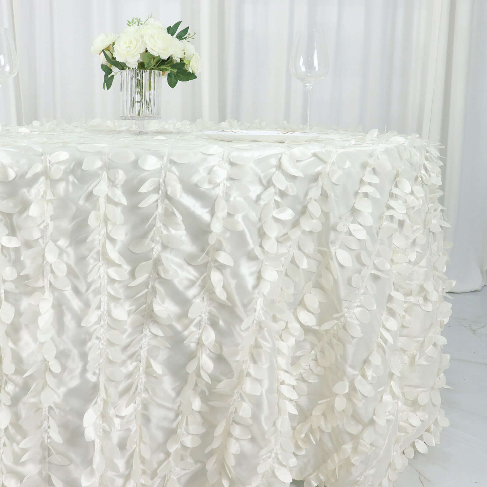 Ivory 132' Taffeta Round Tablecloth with Stunning 3D Leaf Petal Design