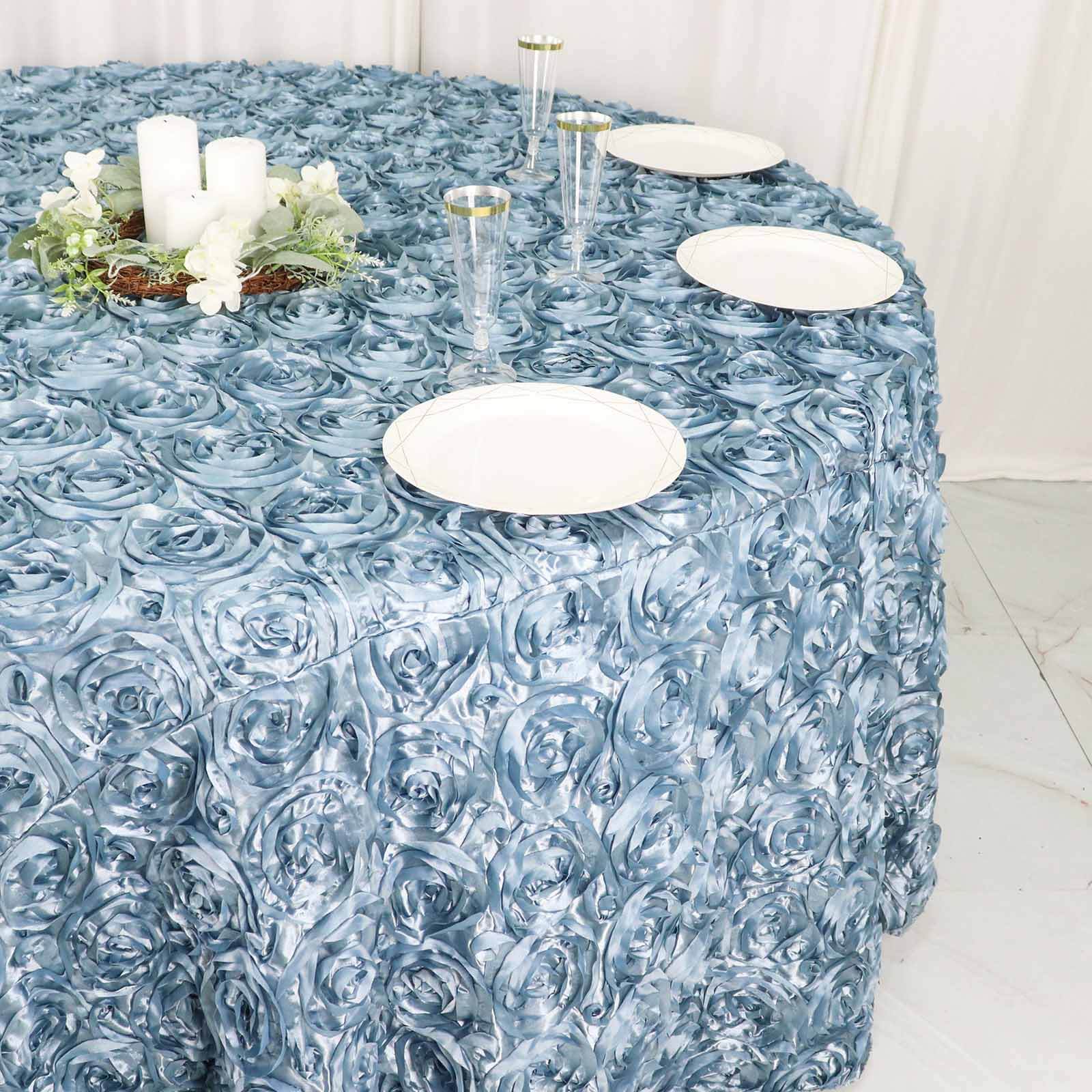 Hot! Dusty Blue 120" Satin Round Tablecloth with 3D Rosette & Seamless Finish