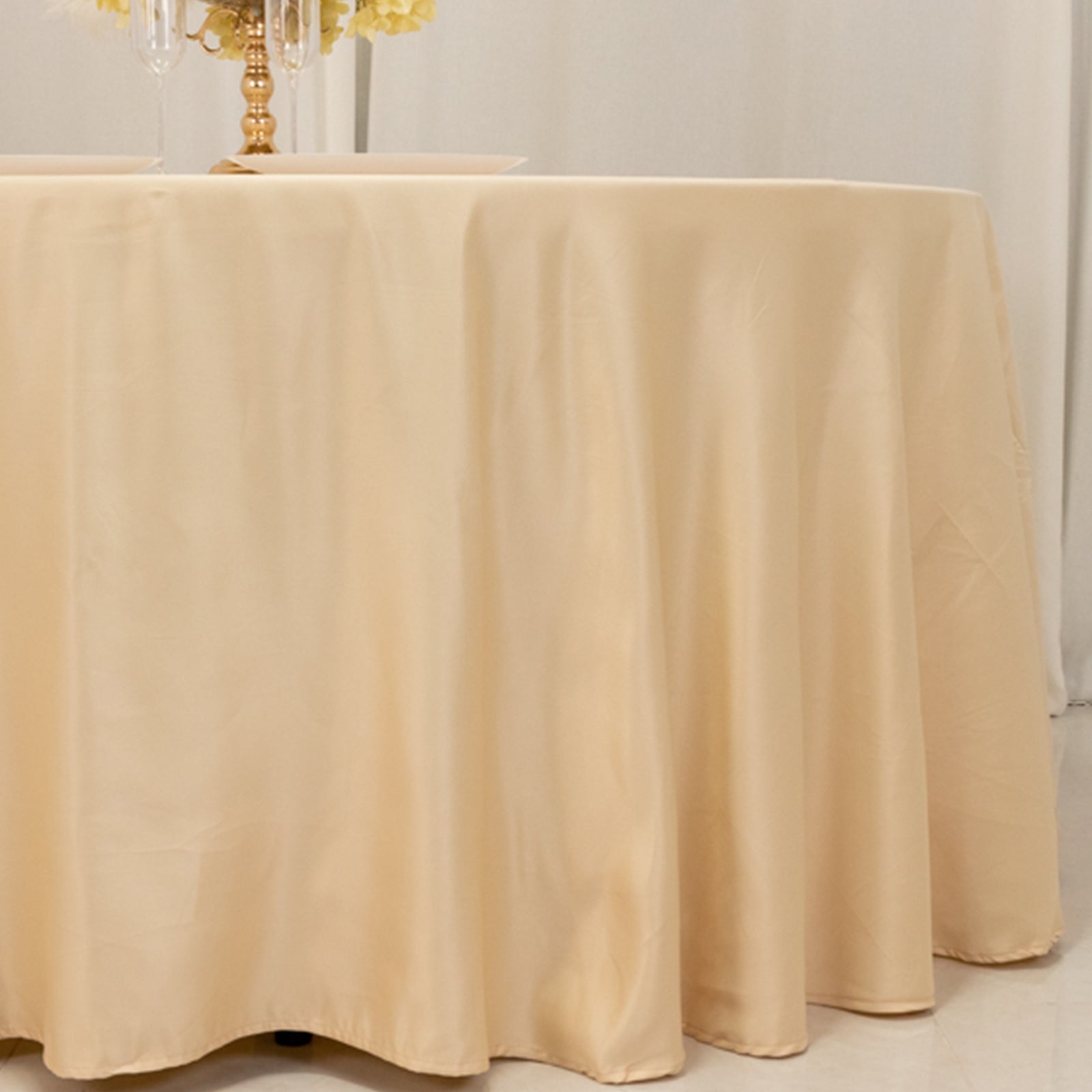 Exclusive Lamour Satin 120-Inch Round Beige Tablecloth - Seamless with Soft Sheen