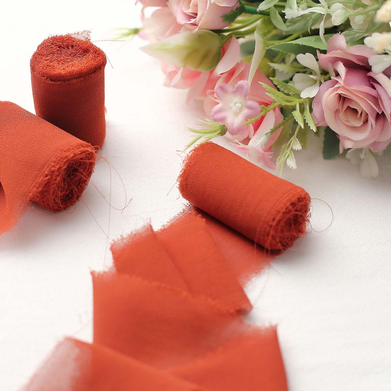 Special Offer! 2-Pack 6-Yard Terracotta (Rust) Silk-Like Chiffon Ribbon Rolls for DIY Wedding Bouquets