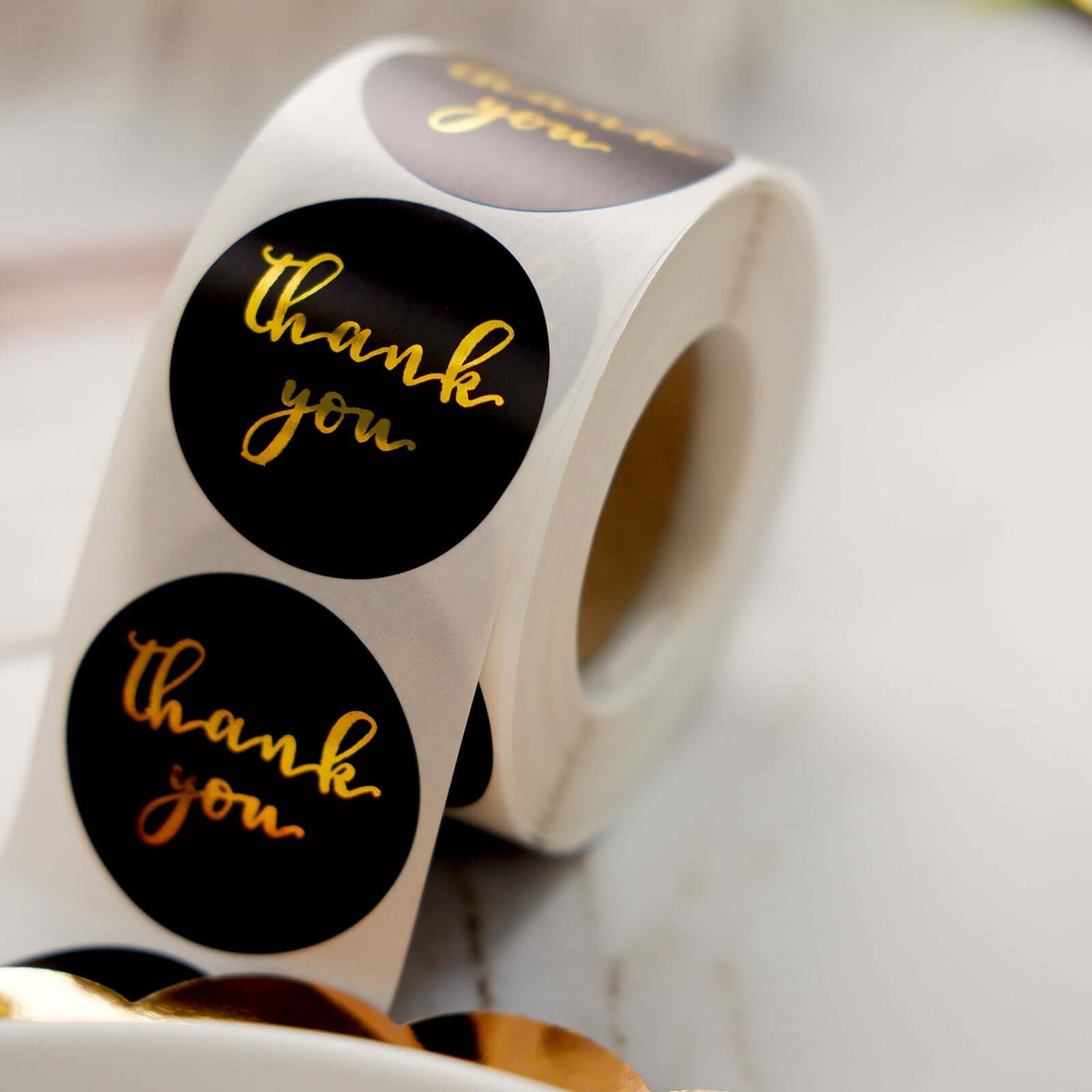 500Pcs Gold Foil 'Thank You' Round Stickers on Black Roll - Ideal for DIY Envelope Decor