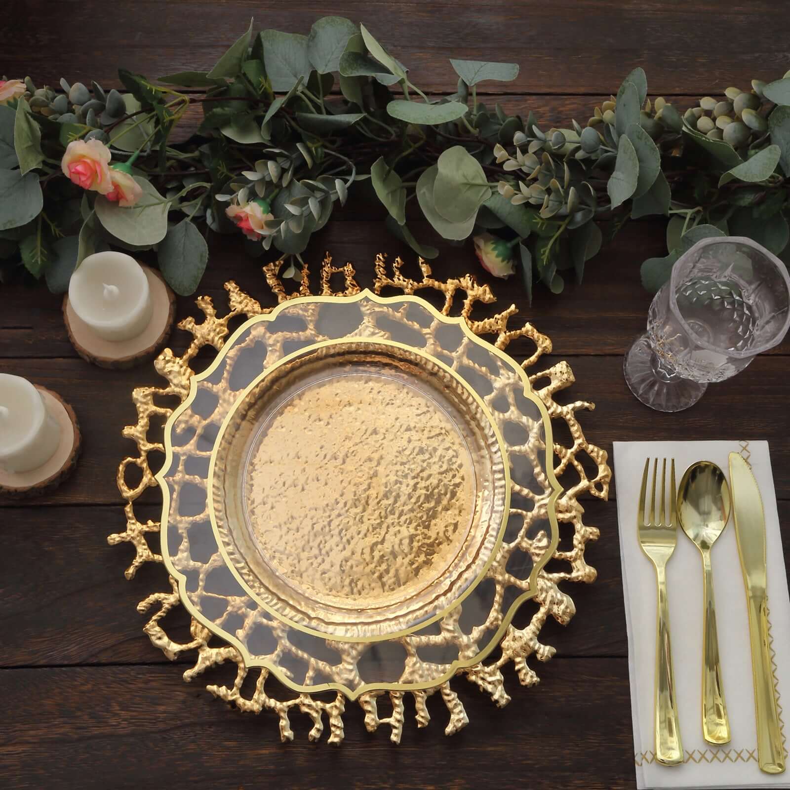 Hot Sale! 6-Pack 13-inch Gold Acrylic Round Charger Plates with Molten Branch Design for Dinner Parties