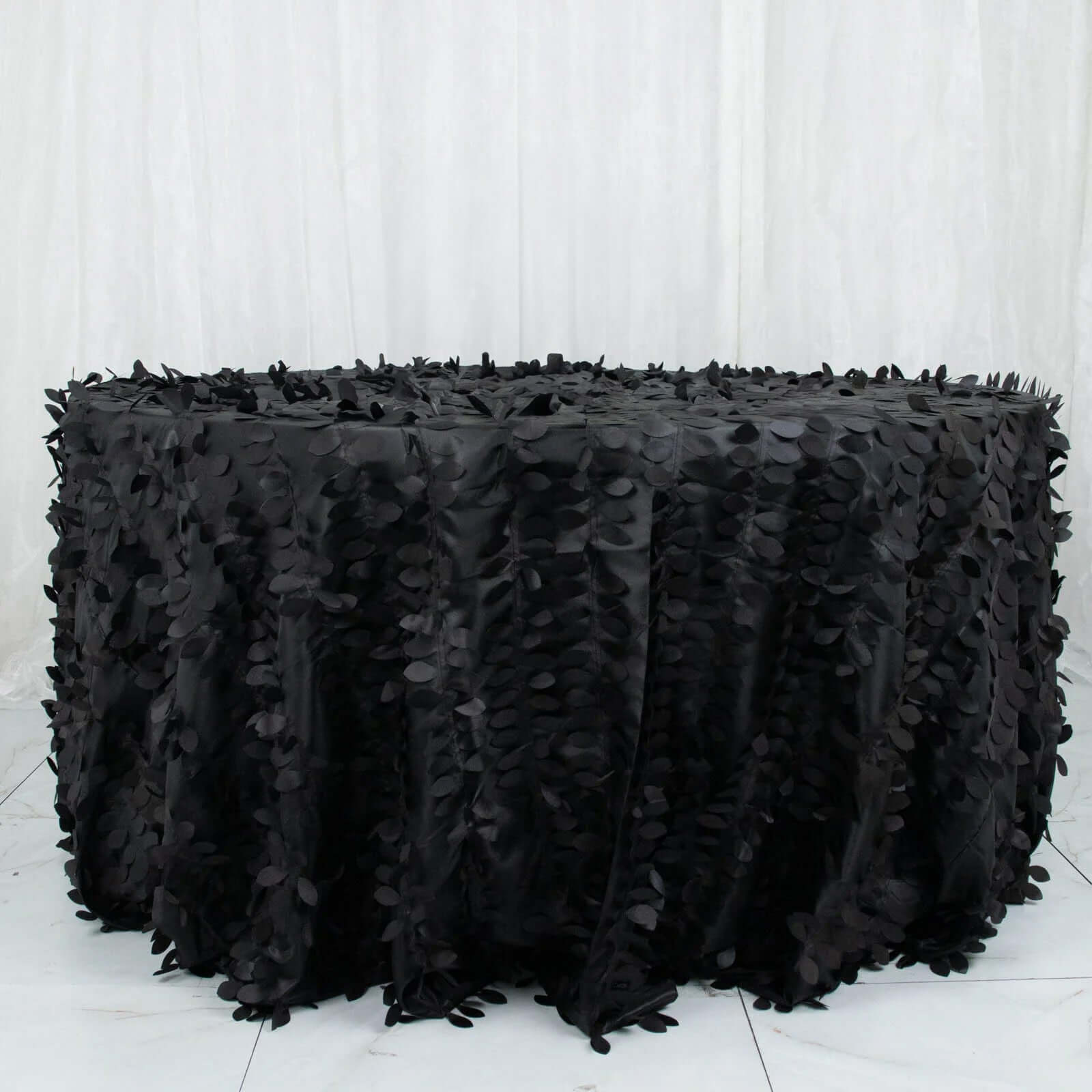 Black 132-Inch Round Taffeta Tablecloth with 3D Leaf Petal Seamless Design