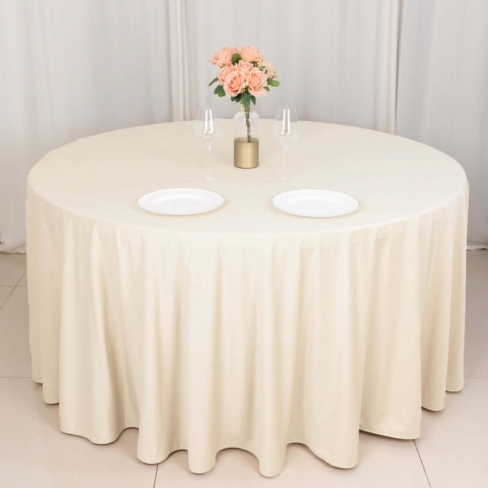 Premium Beige 120' Scuba Round Tablecloth - Wrinkle & Stain Free
