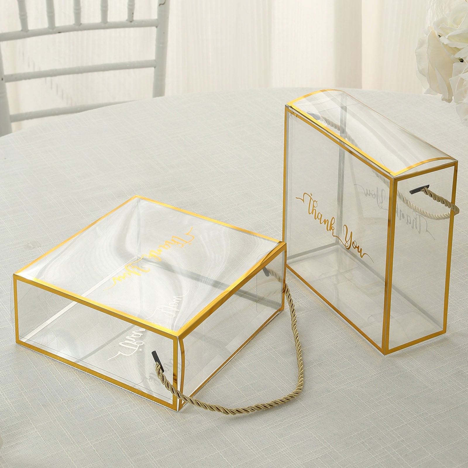 25-Pack Square Clear PVC Gift Boxes with Gold Trim, Rope Handles and 'Thank You' Print, 8x8 Size