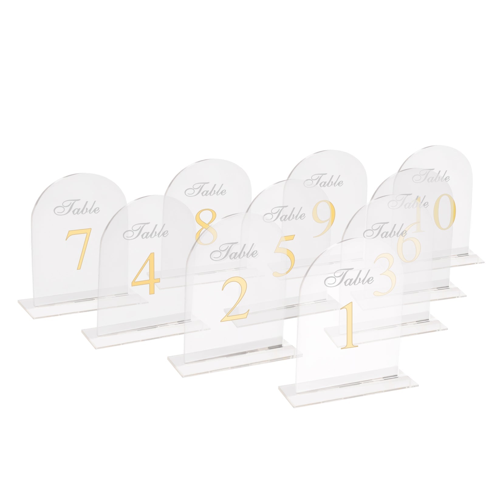 Hot Sale! Transparent Acrylic Wedding Reception Table Numbers 1 - 10 with Gold Print and Stands