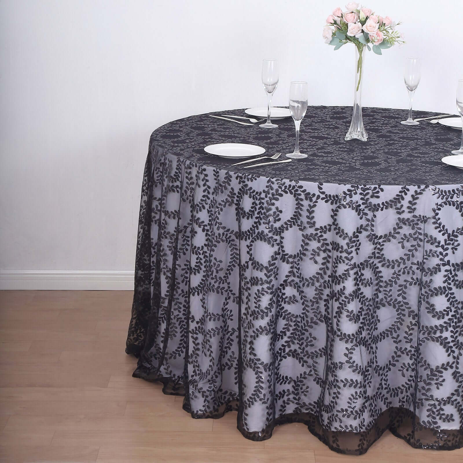 Sparkling Seamless Black Tulle Round Tablecloth with Leaf Embroidered for Special Events