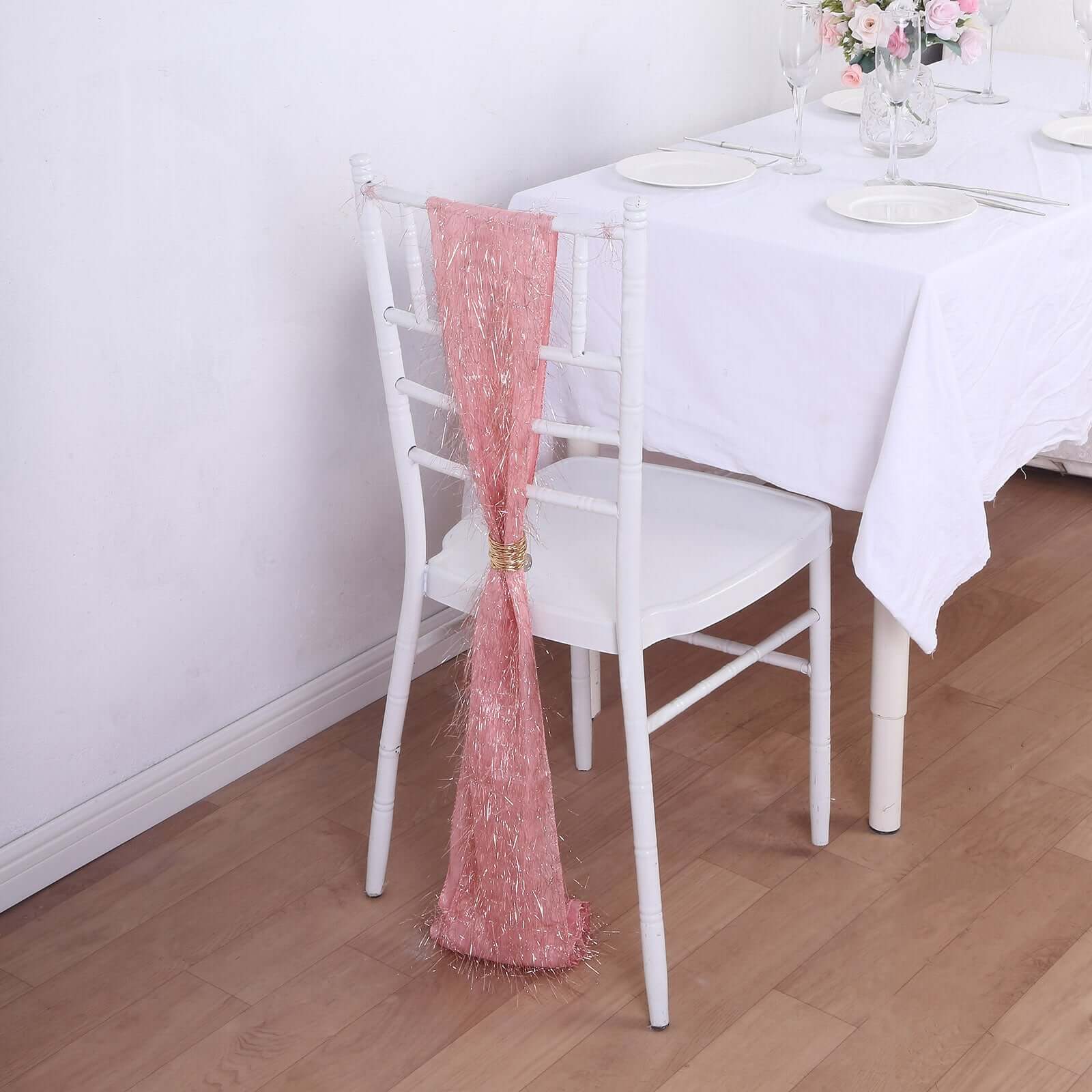 5-Pack Rose Gold Polyester Chair Sashes with Metallic Tinsel Fringe - Easy-to-Use Bows