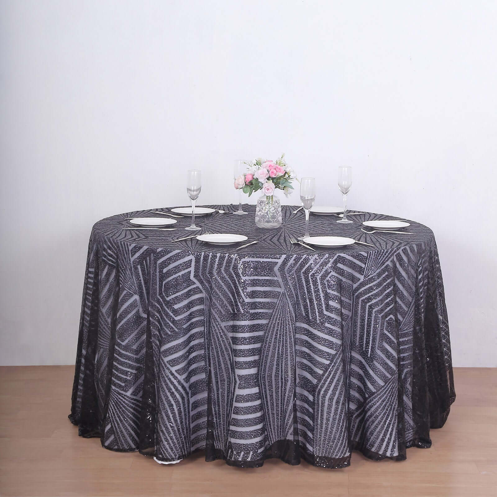 Black Seamless Diamond Glitz 120 Round Sequin Tablecloth - Perfect for Special Events