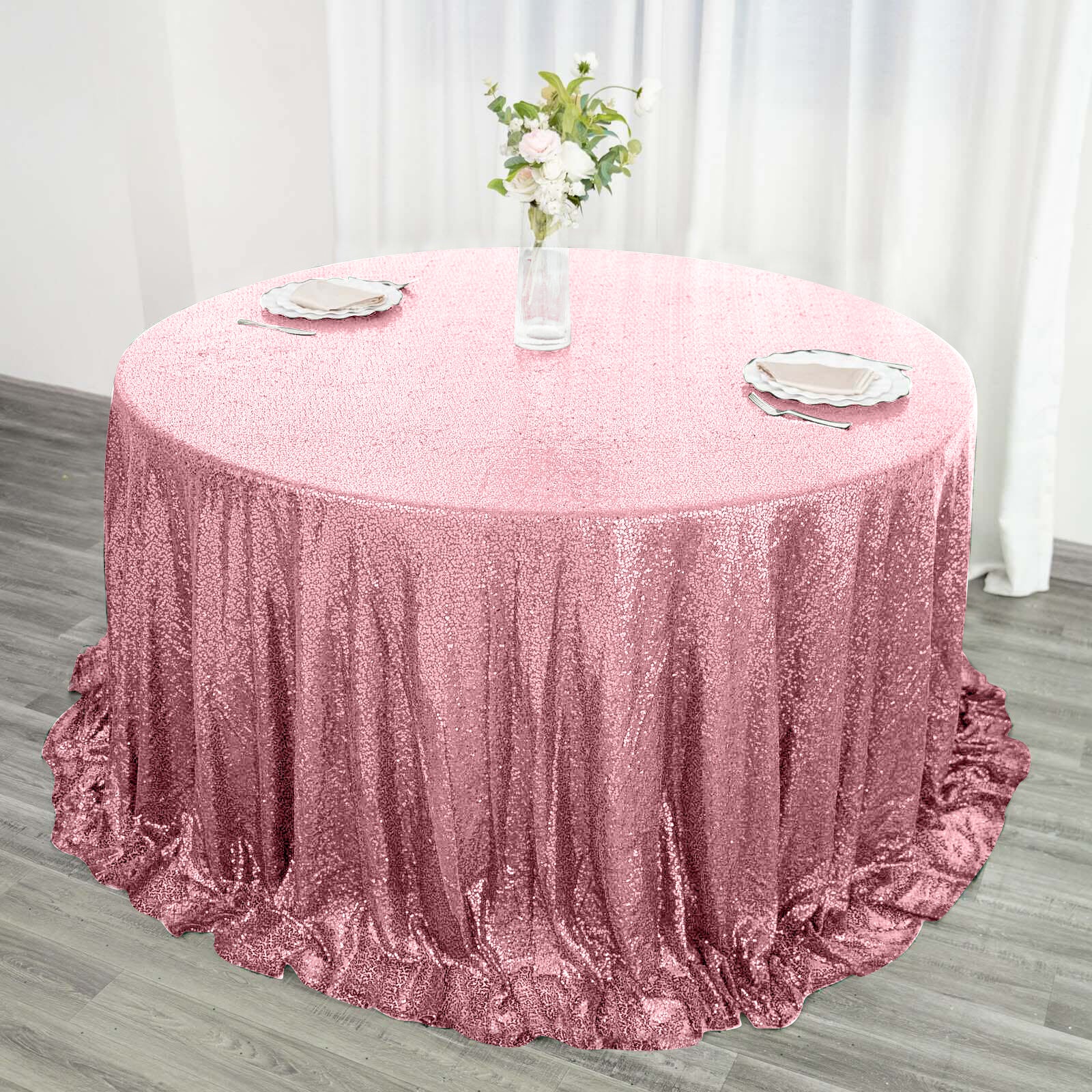 132-Inch Pink Seamless Sparkly Round Sequin Tablecloth for Events