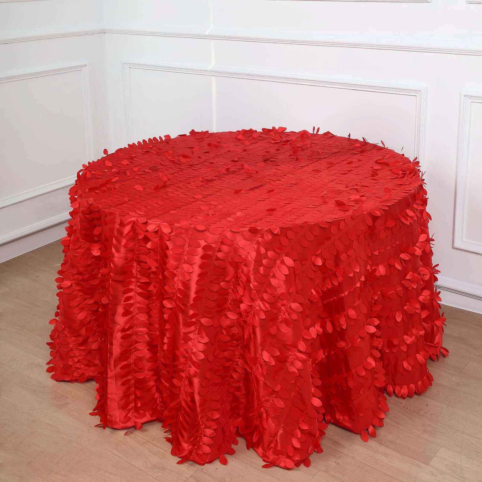 120-Inch Red Seamless 3D Leaf Petal Taffeta Round Tablecloth for 5-Foot Tables