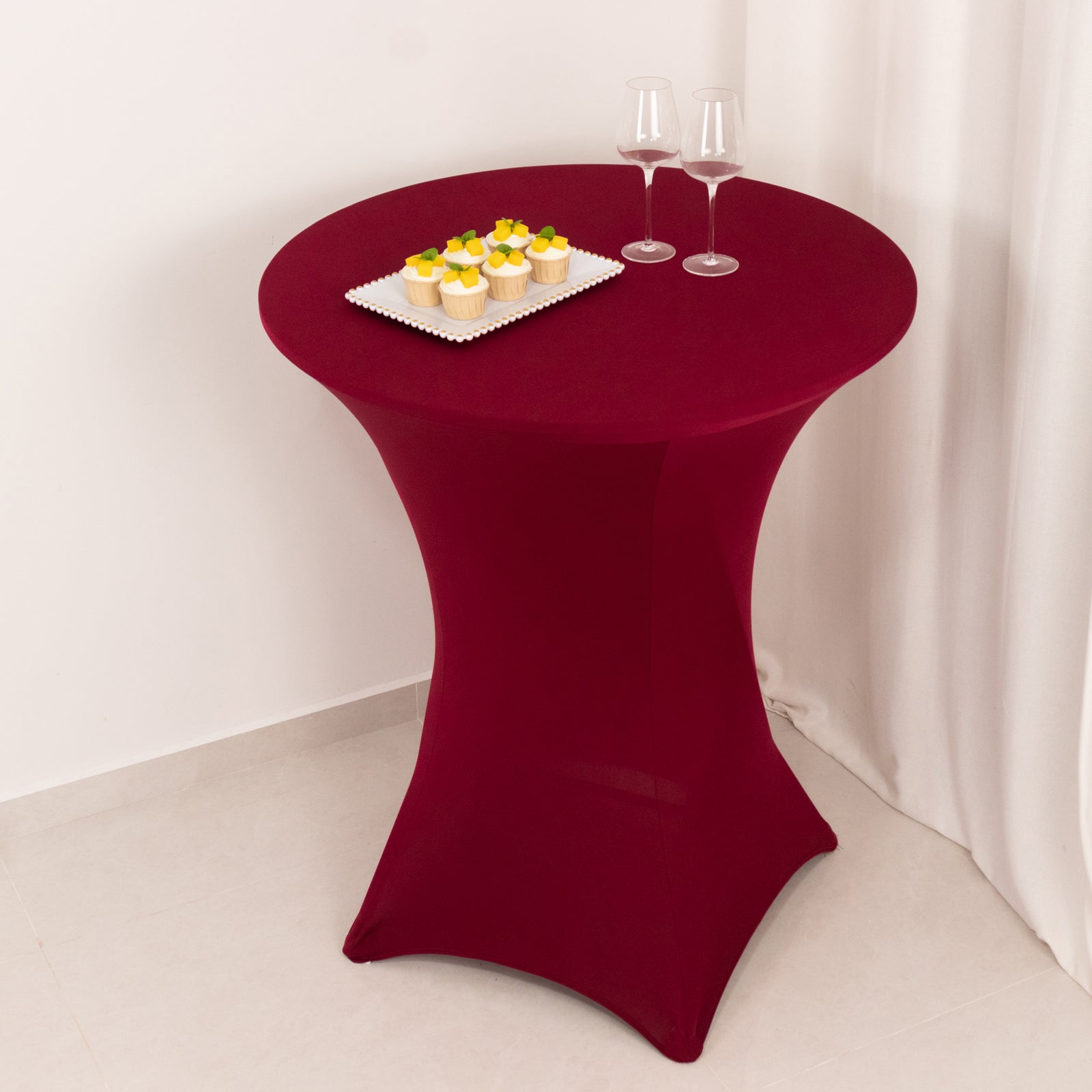 Burgundy Spandex Stretch Fitted Cocktail Table Cover - Easy to Maintain, 33 - 36 Round