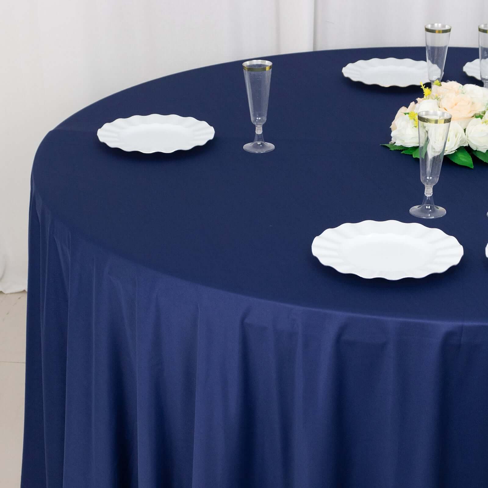 Hot Deal! Premium Navy Blue 120' Round Scuba Polyester Wrinkle-Free & Stain-Resistant Tablecloth