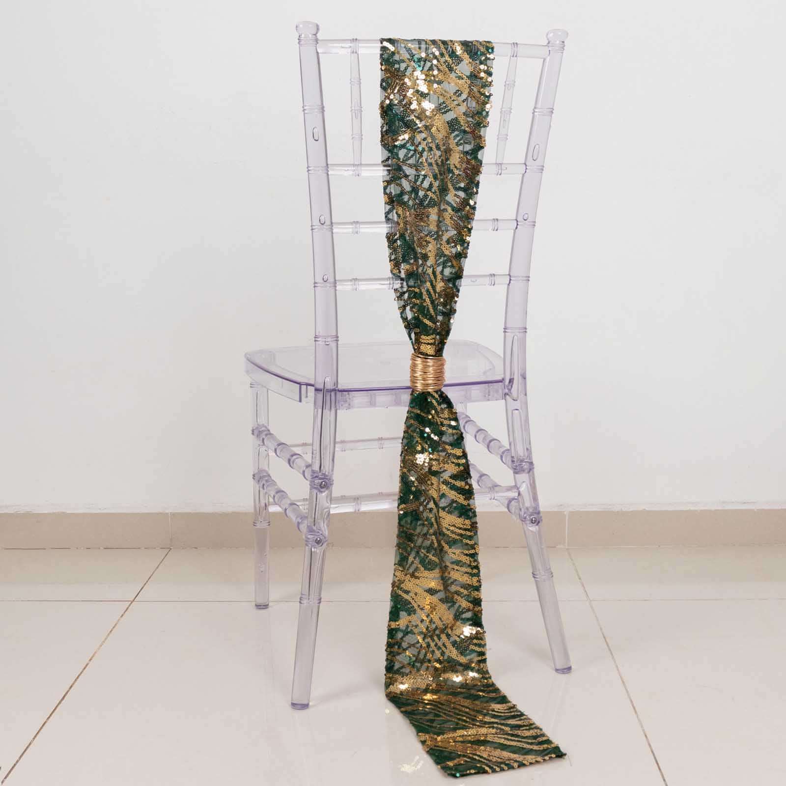 Special Offer! 5-Piece Chair Sashes in Sparkling Hunter Emerald Green/Gold with Wave Sequin Design