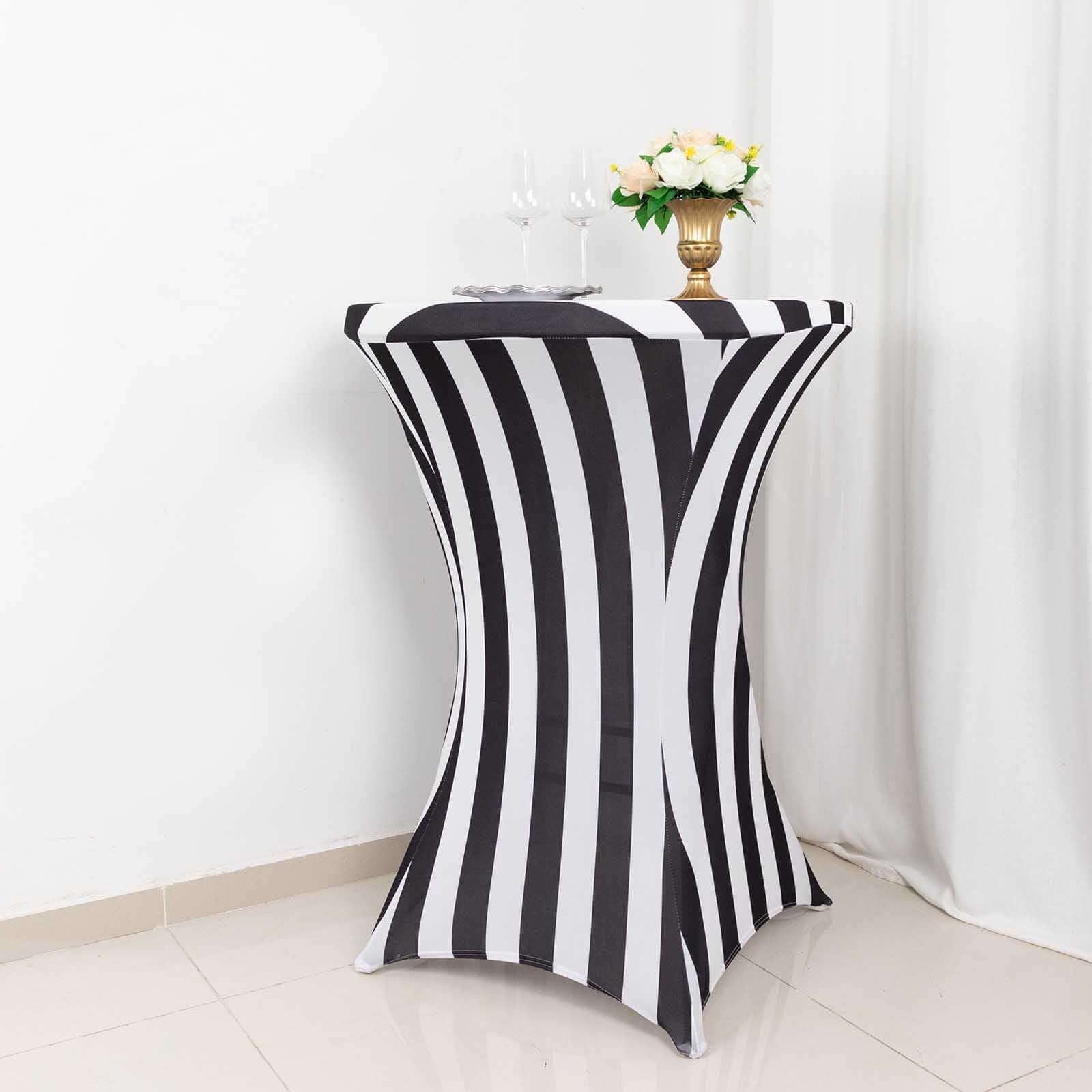Black/White Striped Spandex 32-Inch Fitted Stretch Cocktail Table Cover - Low-Maintenance