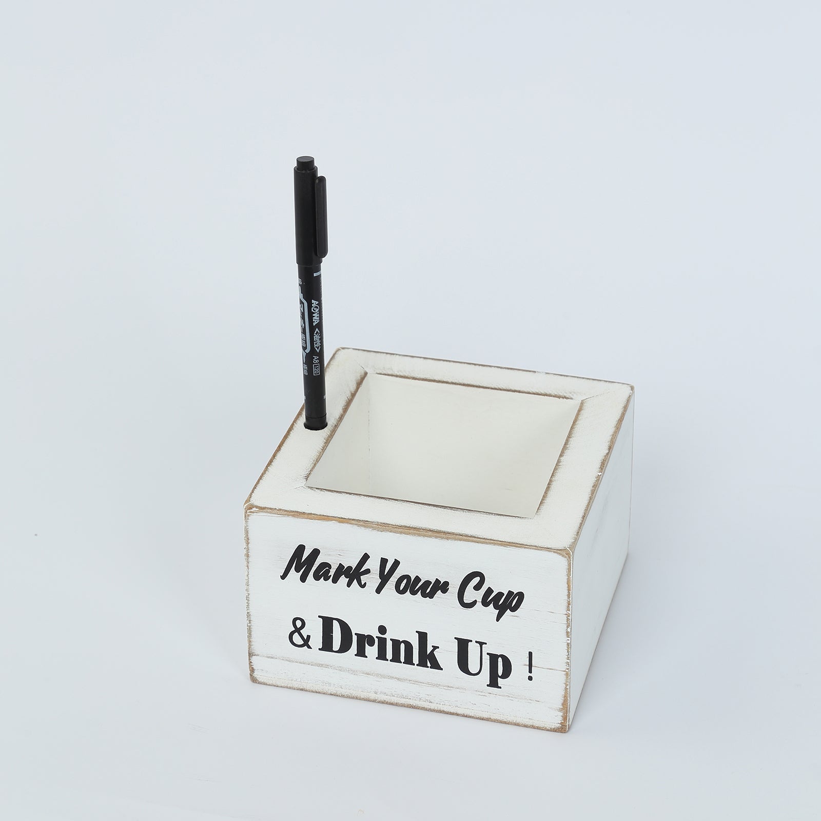 Whitewashed Rustic Wooden Solo Cup Holder with Black Marker for Farmhouse Parties, 5.5 inches