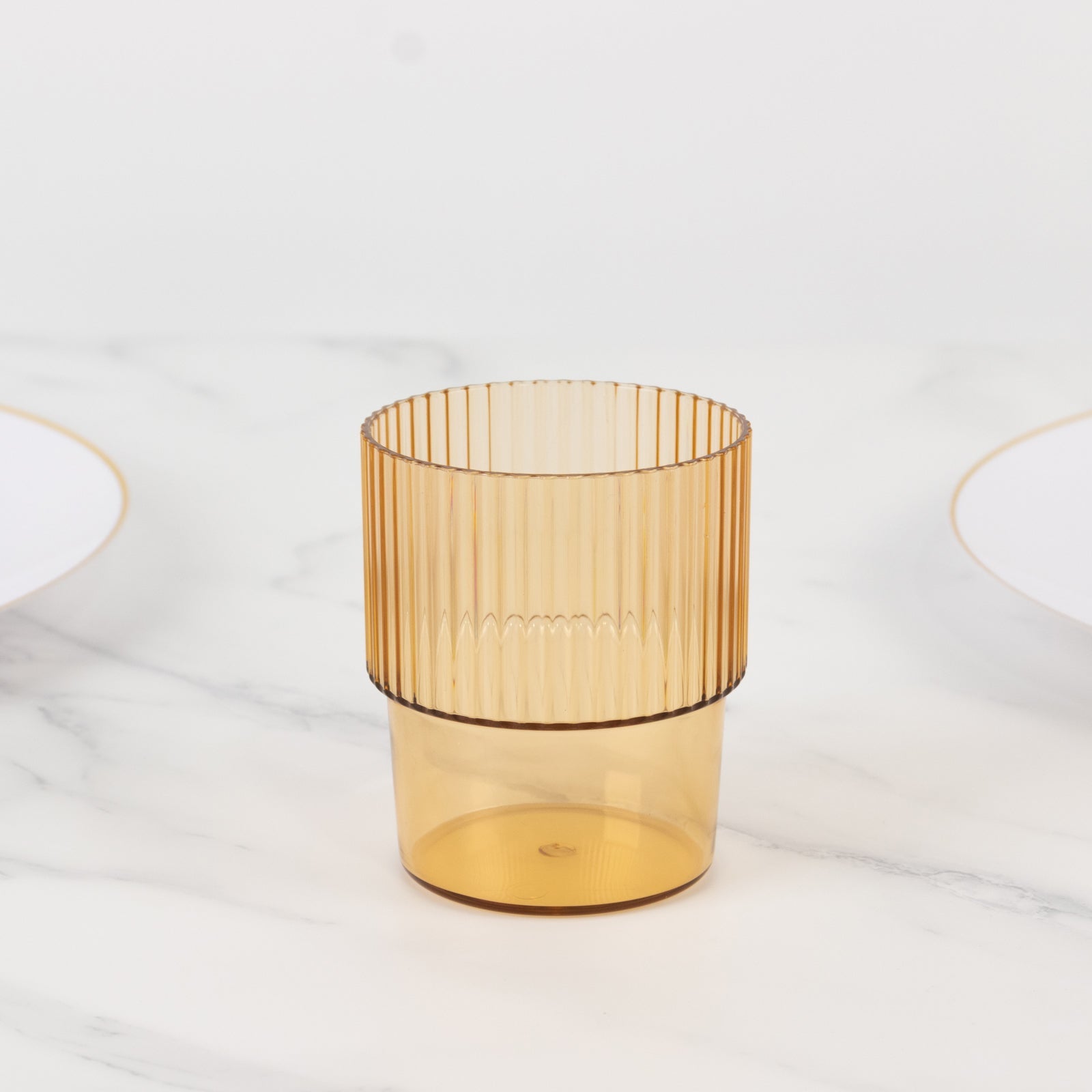12-Piece Set of Reusable 7oz Stackable Amber Gold Plastic Drinking Glasses with Ribbed Pattern