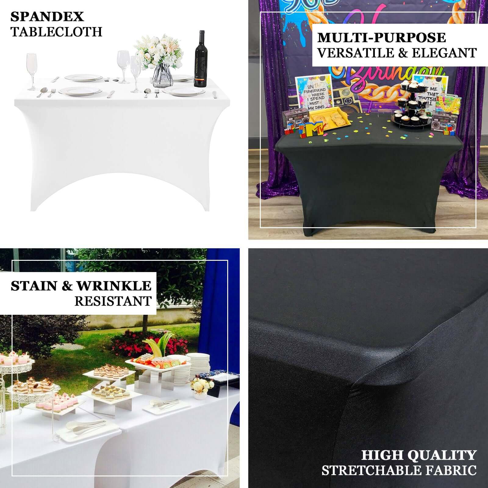 Black Durable Stretch Spandex Rectangle Tablecloth (48x30) - Ideal for Events