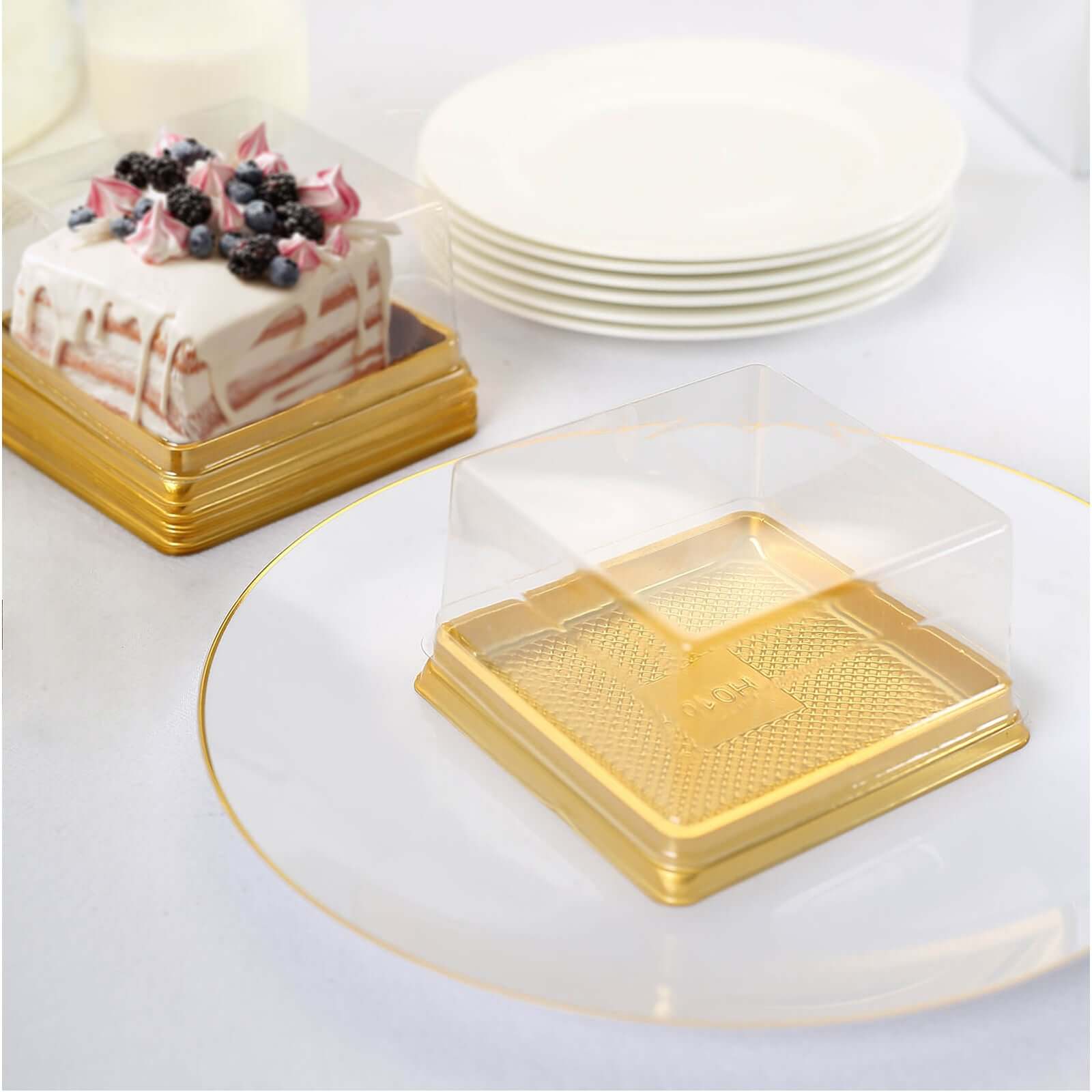 50-Pack Clear & Gold Square Mini Plastic Party Favor Boxes for Cupcakes & Desserts