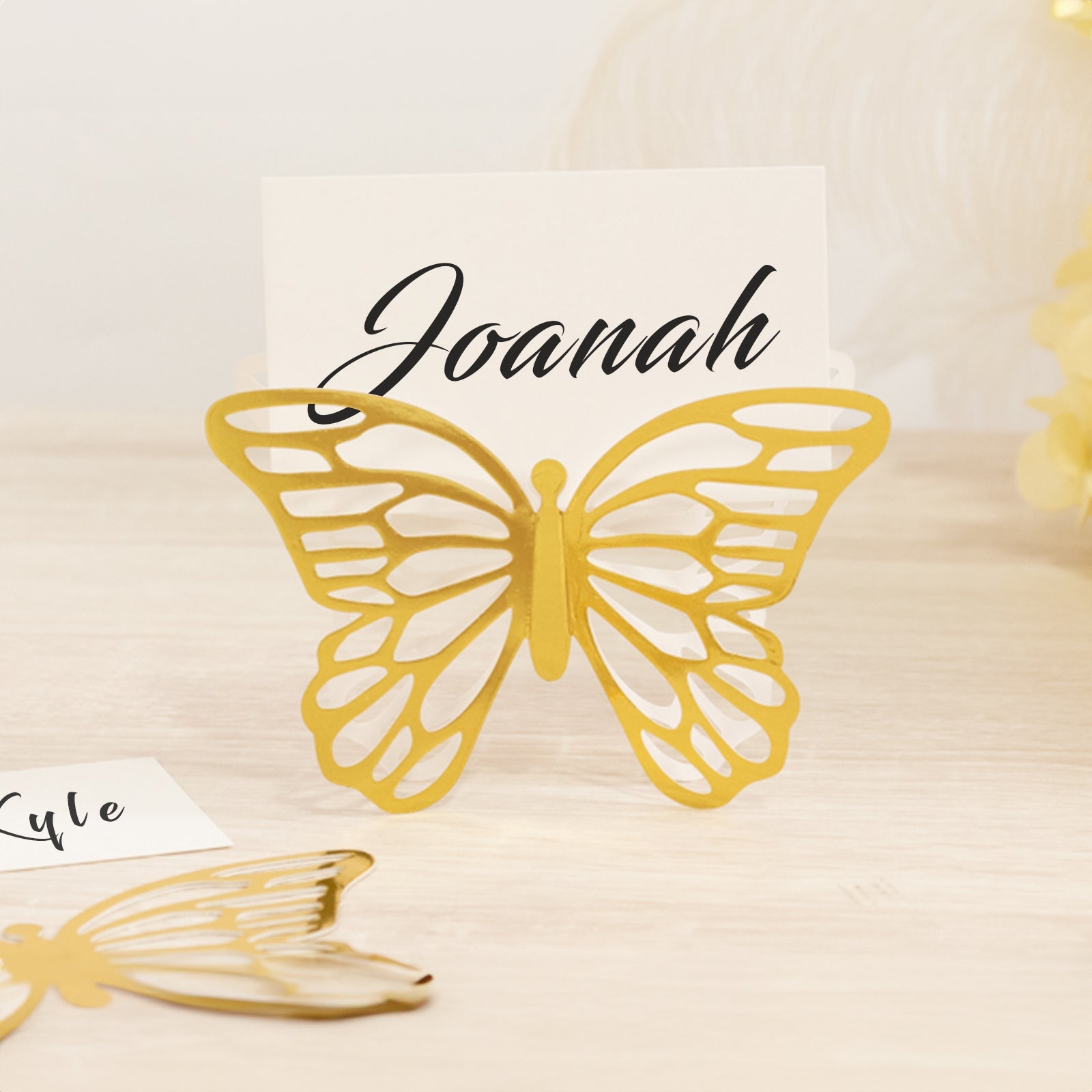25-Piece Gold Paper Butterfly Place Card Holders with Printable White Cards - 3D Free-Standing 3x5 Table Number Stands