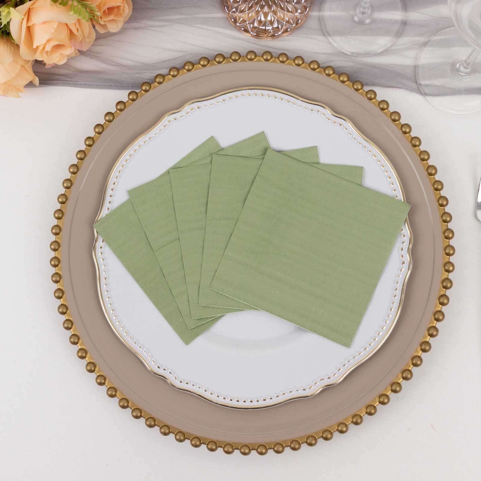 50-Piece Pack of Sage Green 2-Ply Disposable 18GSM Soft Cocktail Paper Beverage Napkins