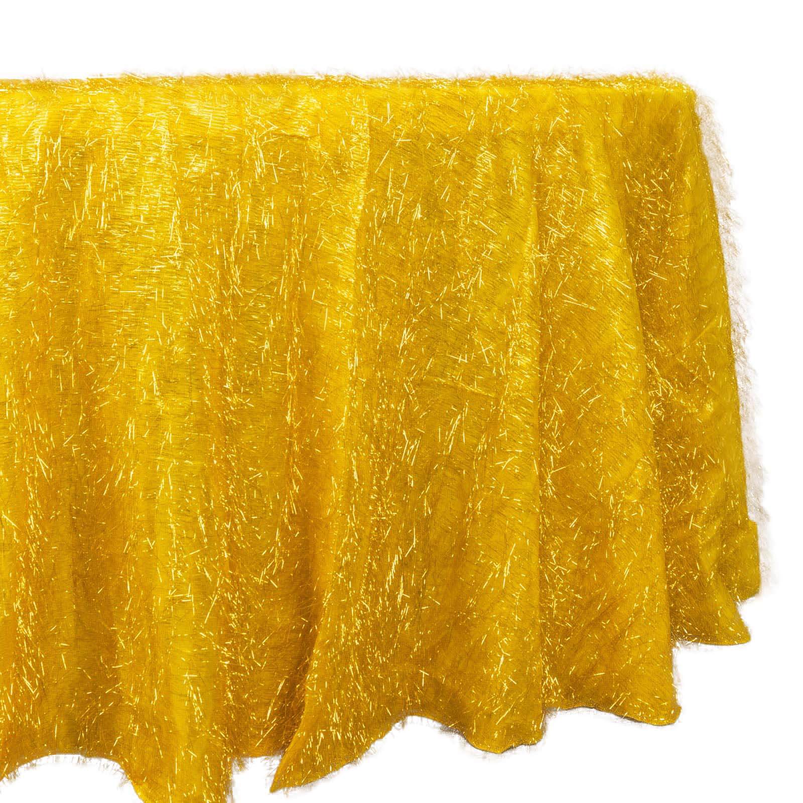 120-Inch Round Gold Polyester Tablecloth with Metallic Fringe for Weddings and Events
