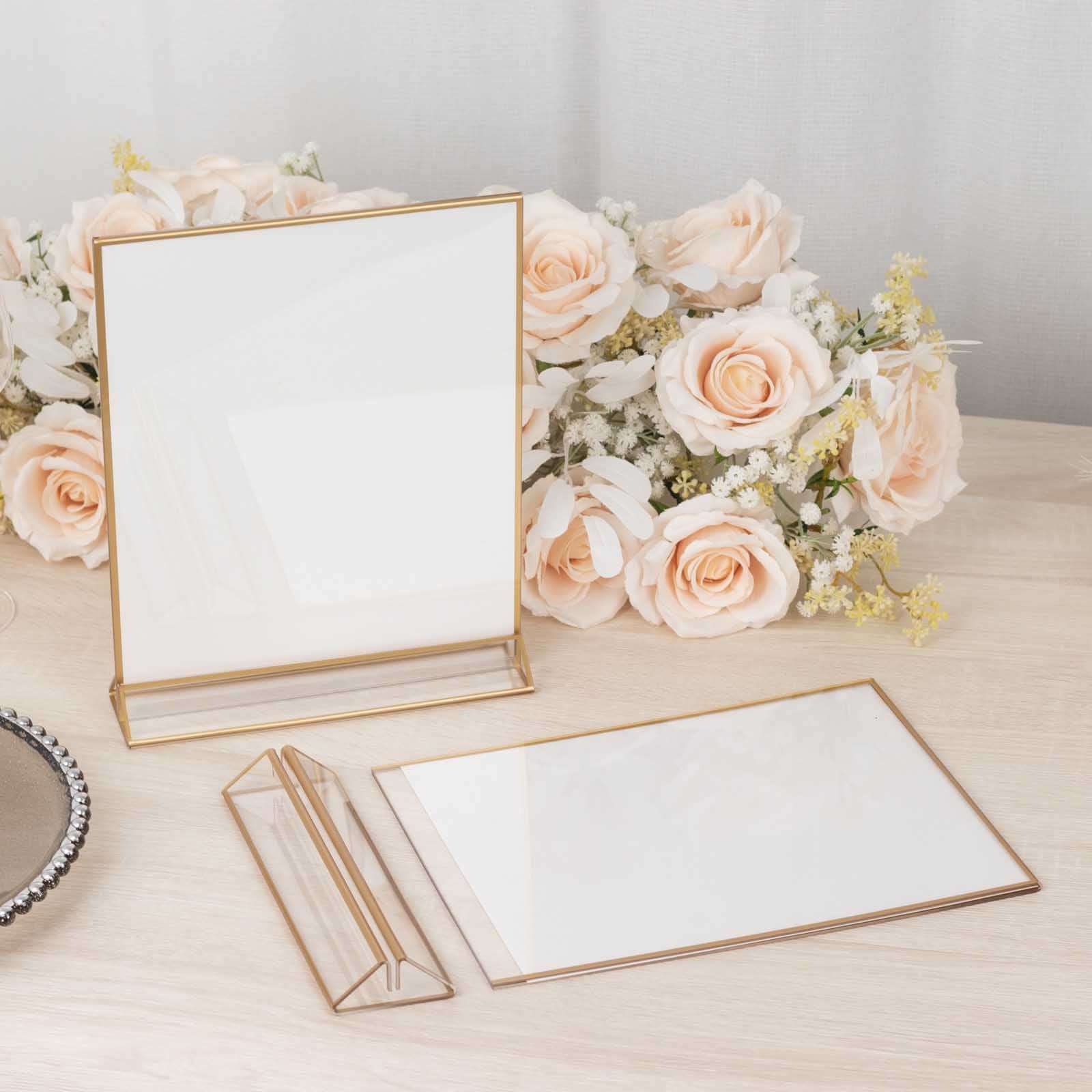 6-Pack Gold Acrylic Rectangular Sign Holders: Double-Sided Clear Display with White Cardboard, Ideal for Banquets 9x11