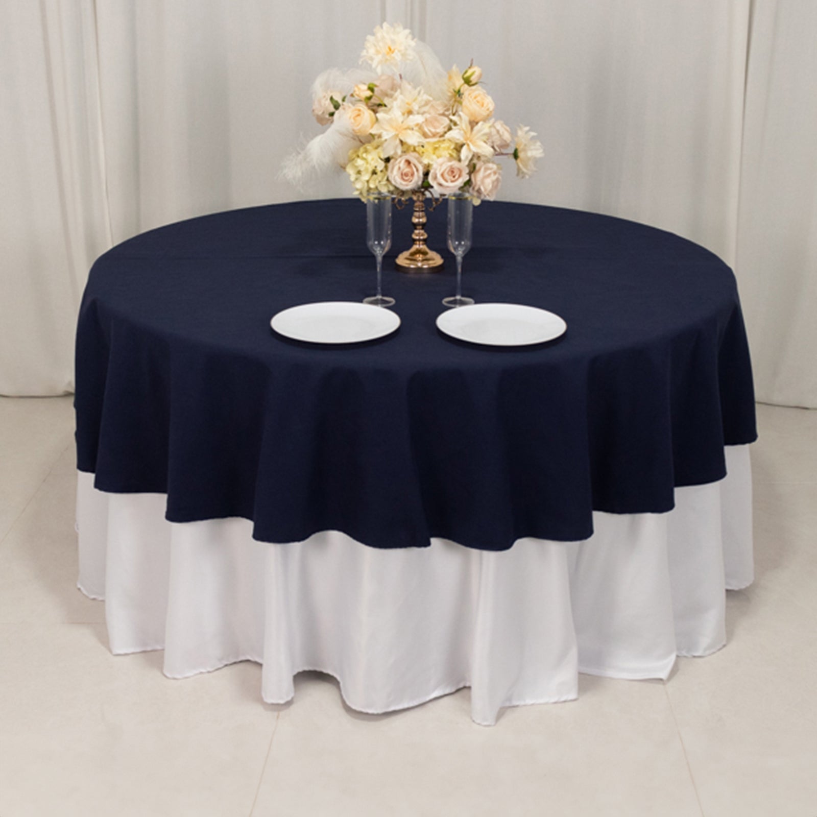Wrinkle-Resistant Navy Blue 90" Cotton Blend Round Tablecloth