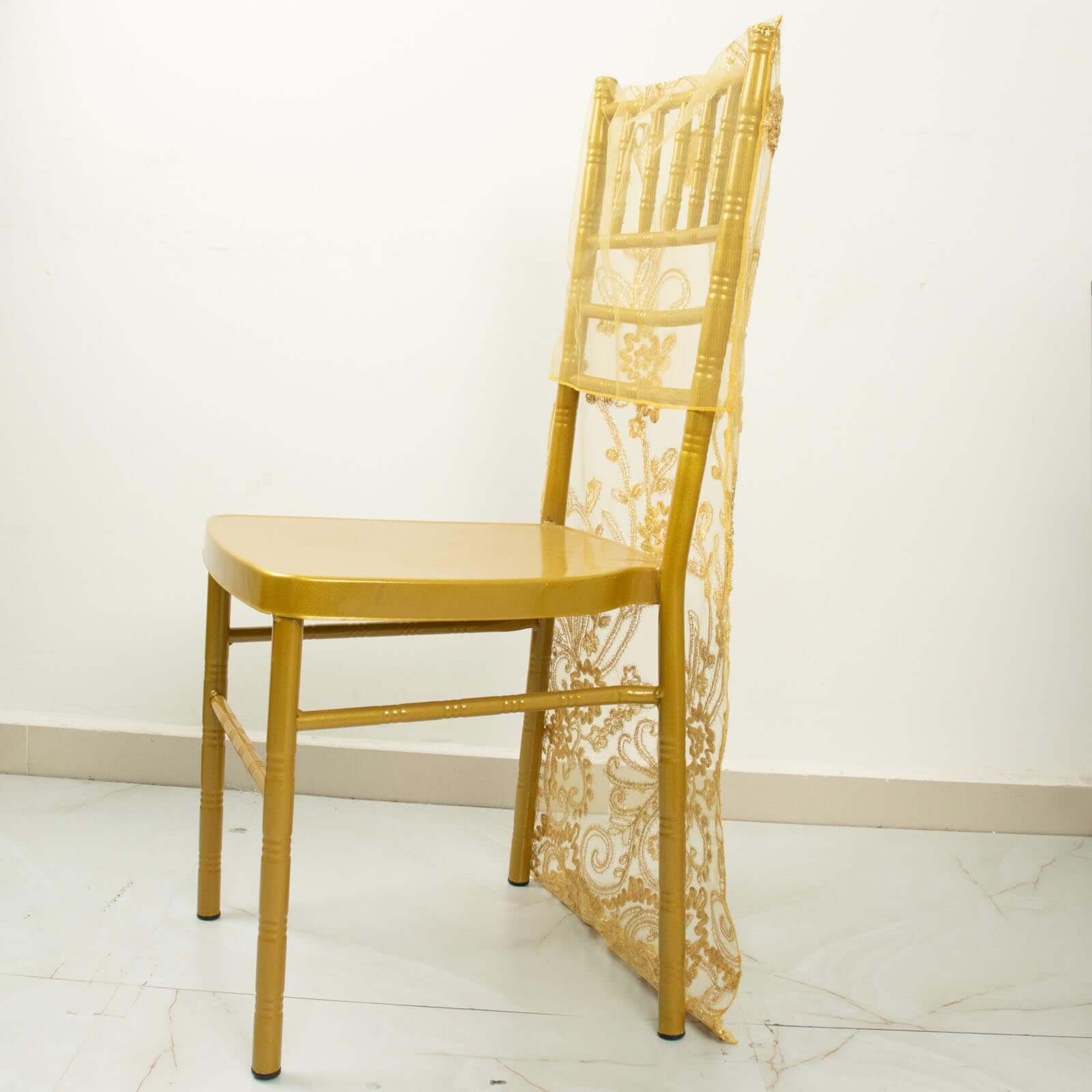 Hot! Gold Floral Sequin Embroidery Organza Chiavari Chair Slipcover