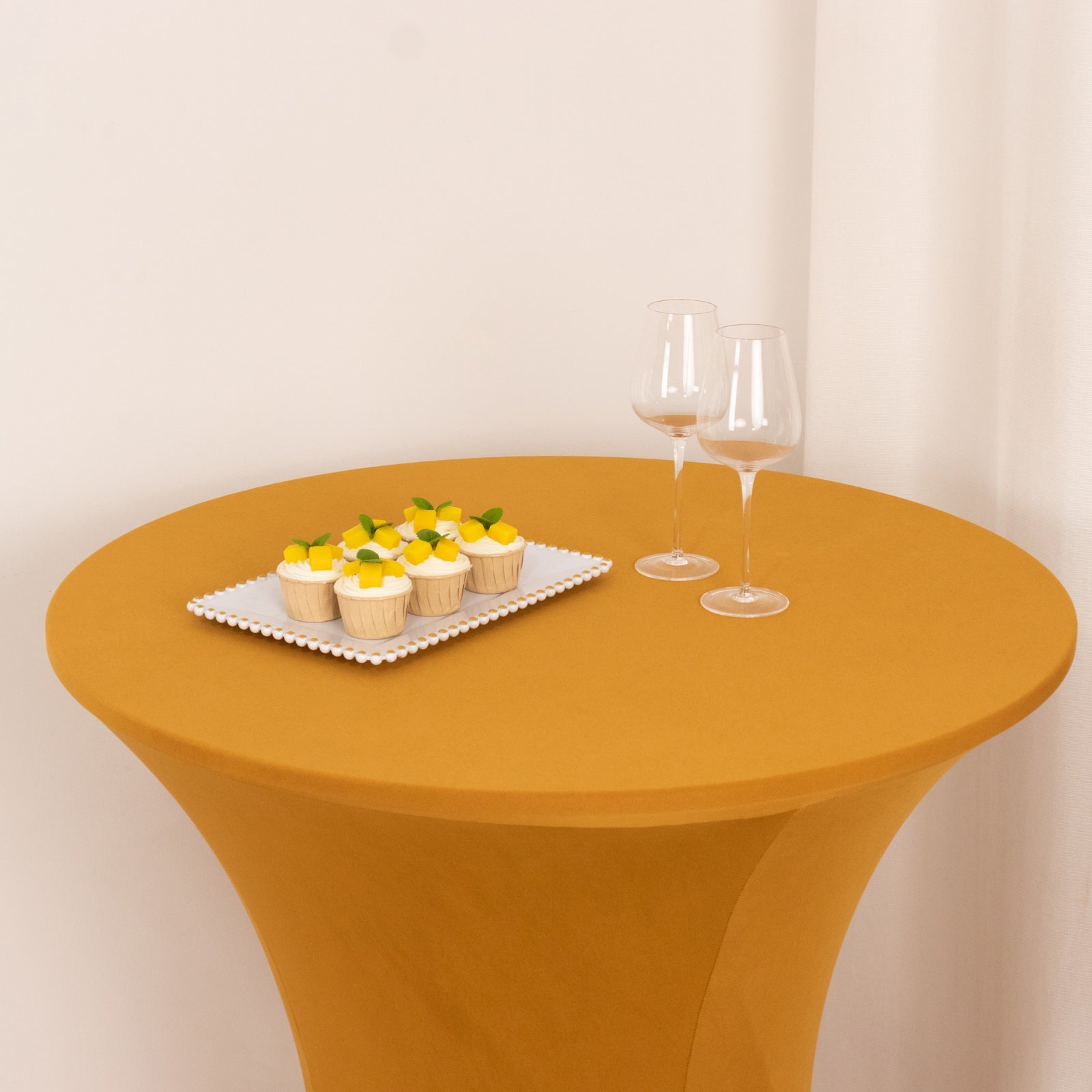 Stretchable Gold Spandex Cocktail Table Cover - Easy Maintenance for Events