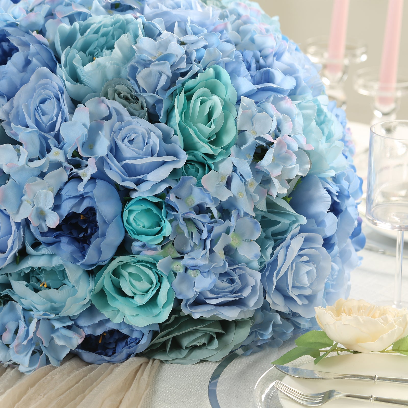 Large Pre - Arranged Blue Silk Rose Flower Balls for Wedding Table Decorations