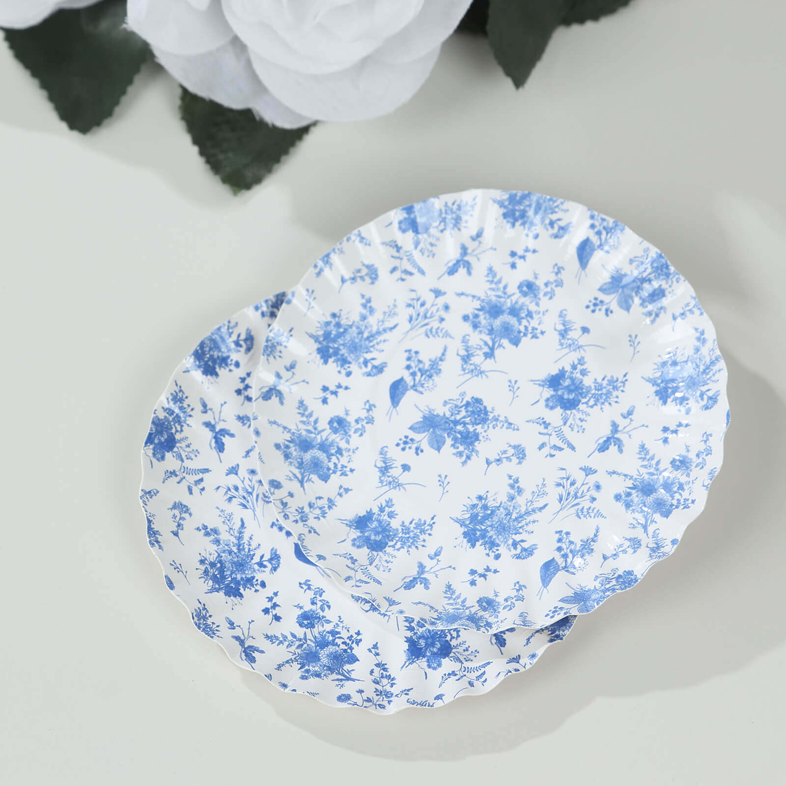 Hot Deal! 100-Pack Disposable White Paper Dessert Plates with Blue French Toile Design & Scalloped Rim