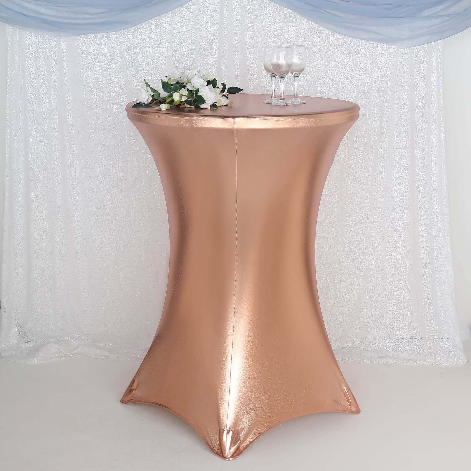 Exclusive Blush Metallic Spandex Stretch Cocktail Table Cover - 30" - 32" Diameter, Water-Resistant