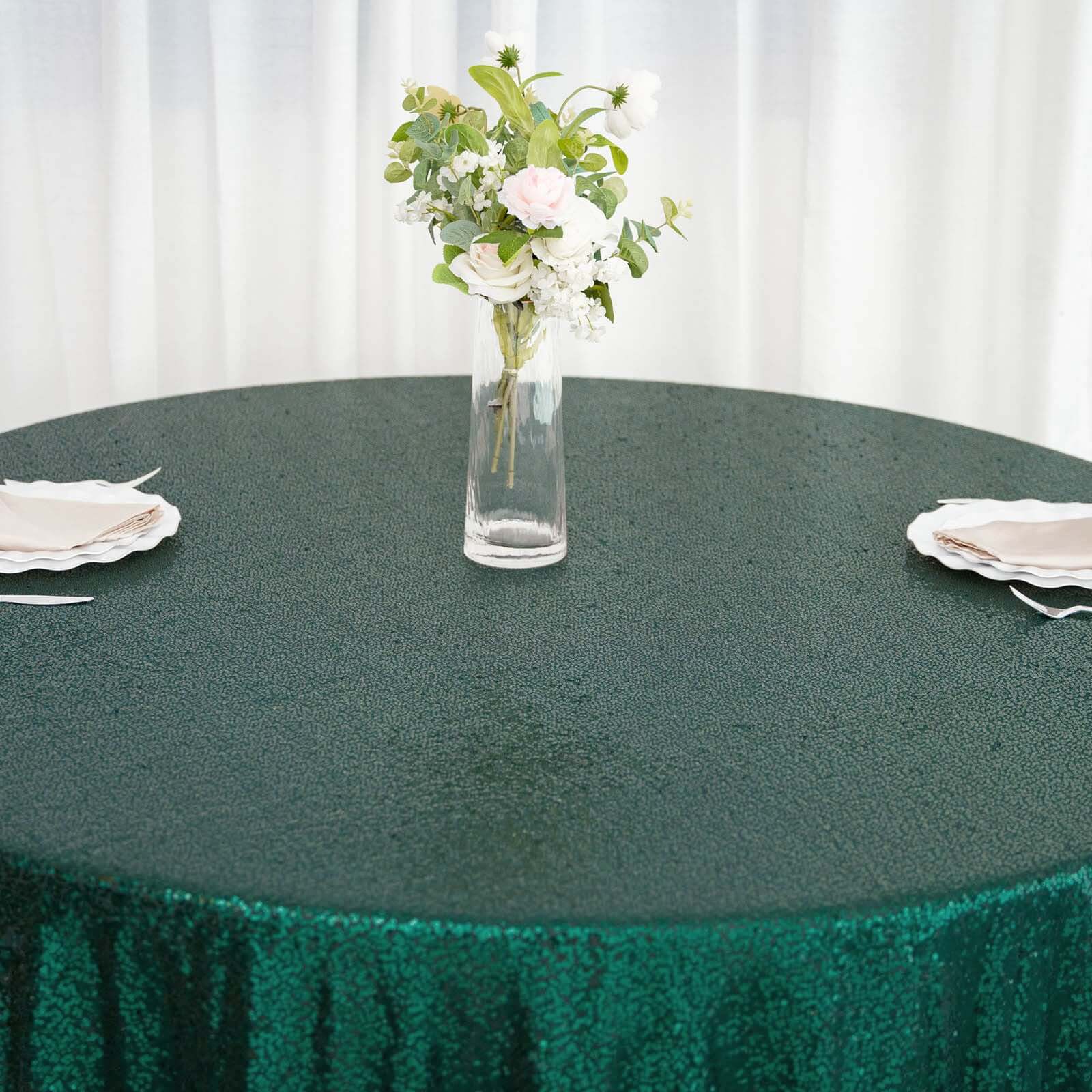 Hunter Emerald Green Seamless 132' Round Sequin Tablecloth - Dazzling Table Cover
