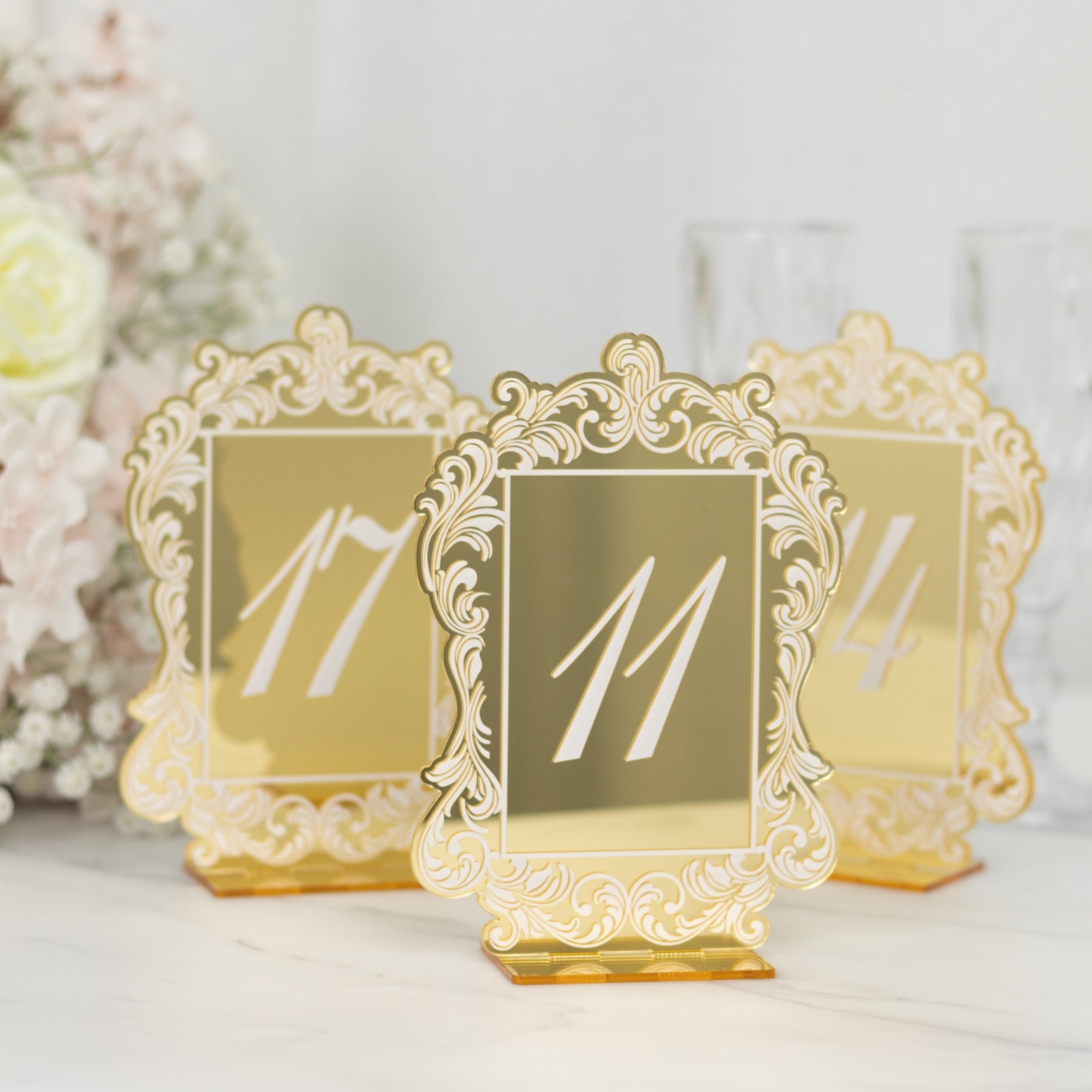 Gold Mirror Finish Acrylic Table Numbers 11 - 20, 5x7 Wedding Reception Signs with Baroque Lace, White Print & Stands