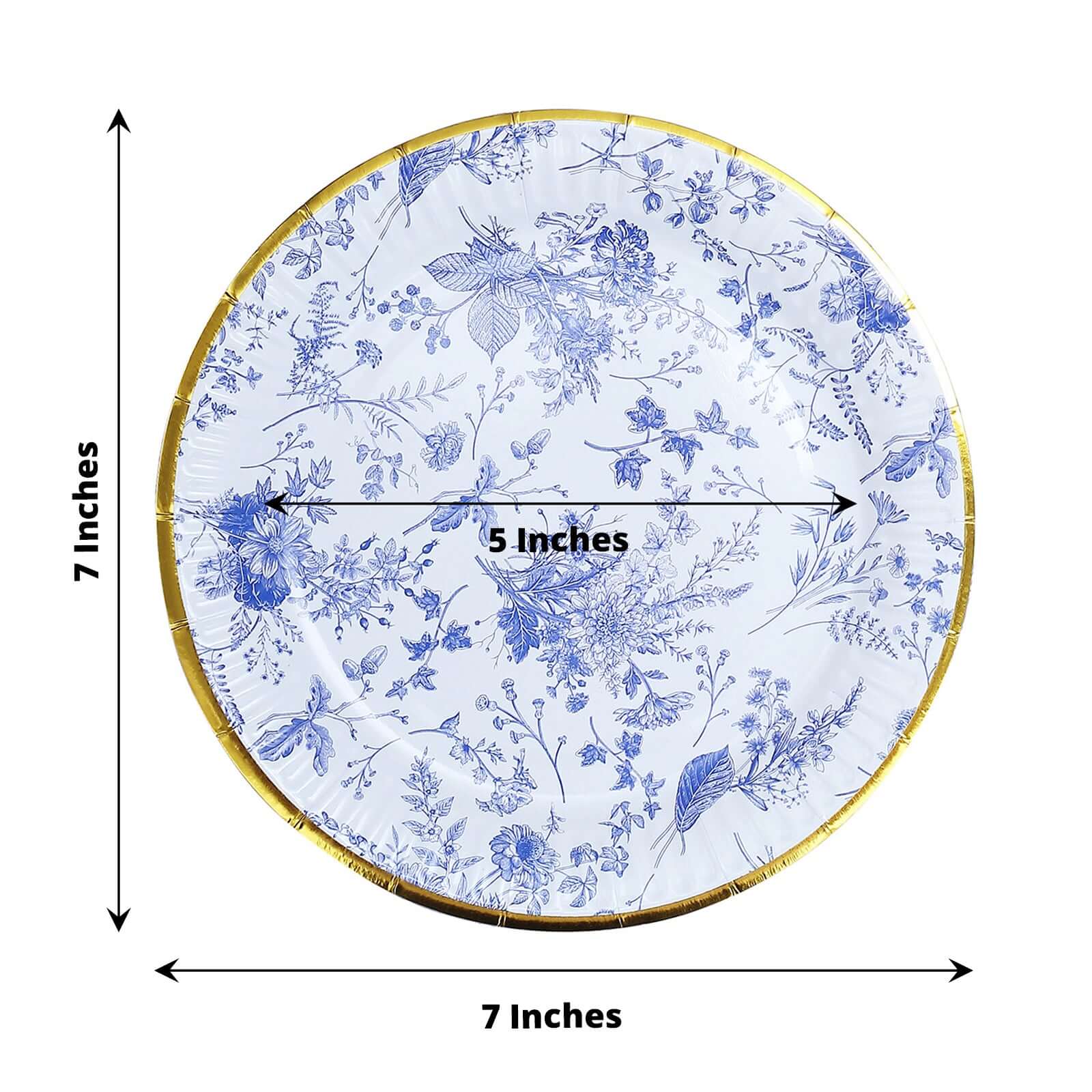 Hot Deal! 25-Pack Disposable 7-Inch Round White Dessert Plates with Light Blue French Toile & Gold Rim