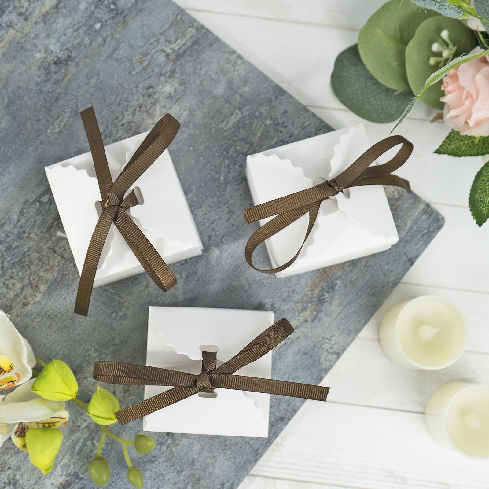 25-Piece Set of 2.5x2.5 White Cardstock Gift Boxes with Brown Grosgrain Ribbons