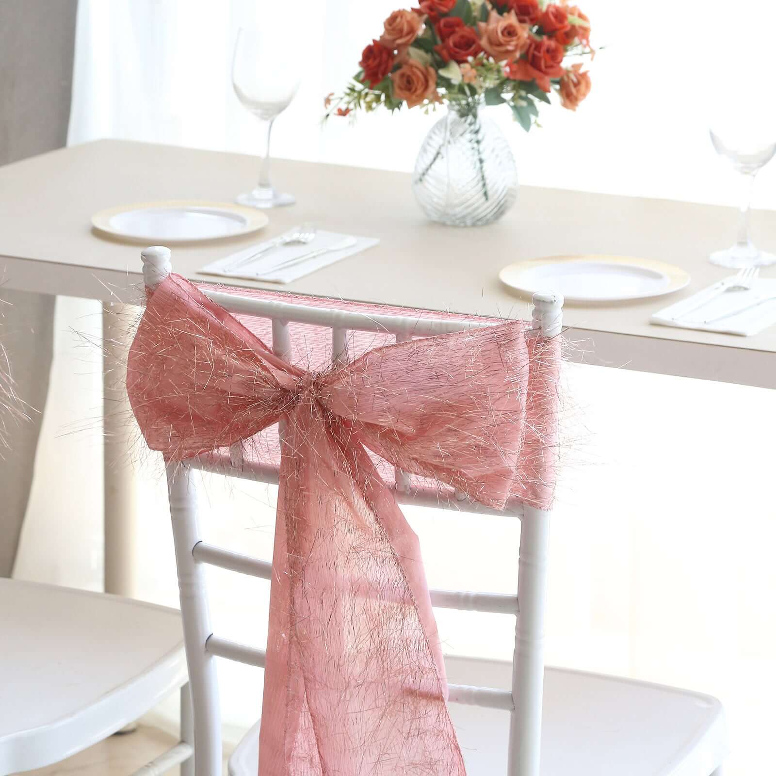 5-Pack Rose Gold Polyester Chair Sashes with Metallic Tinsel Fringe - Easy-to-Use Bows