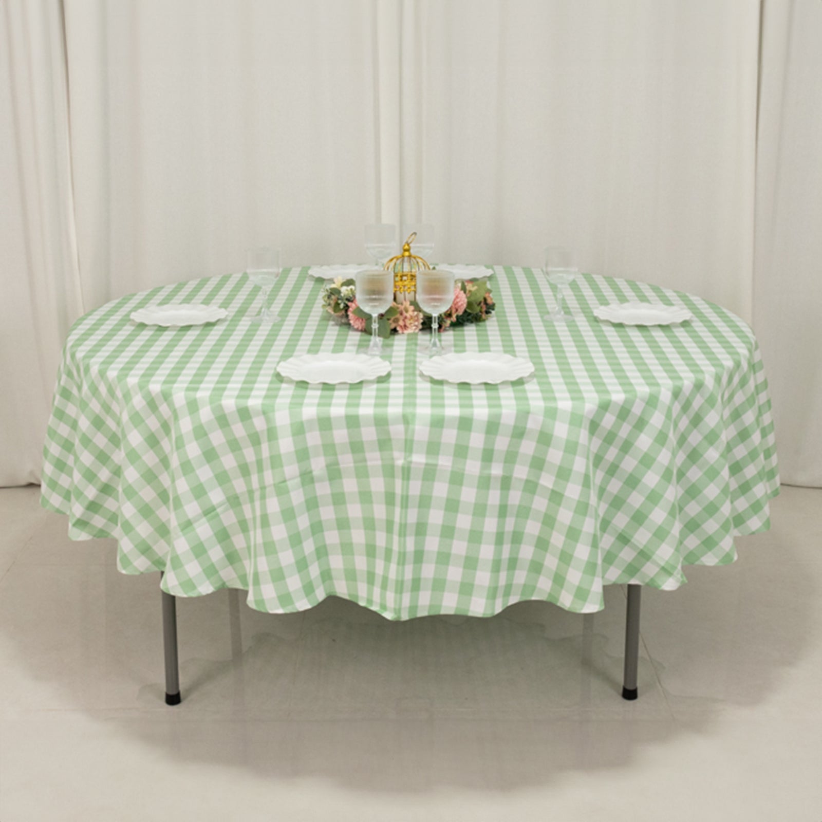 Hot! Polyester 90" Round Checkered Buffalo Plaid Tablecloth in White/Sage Green