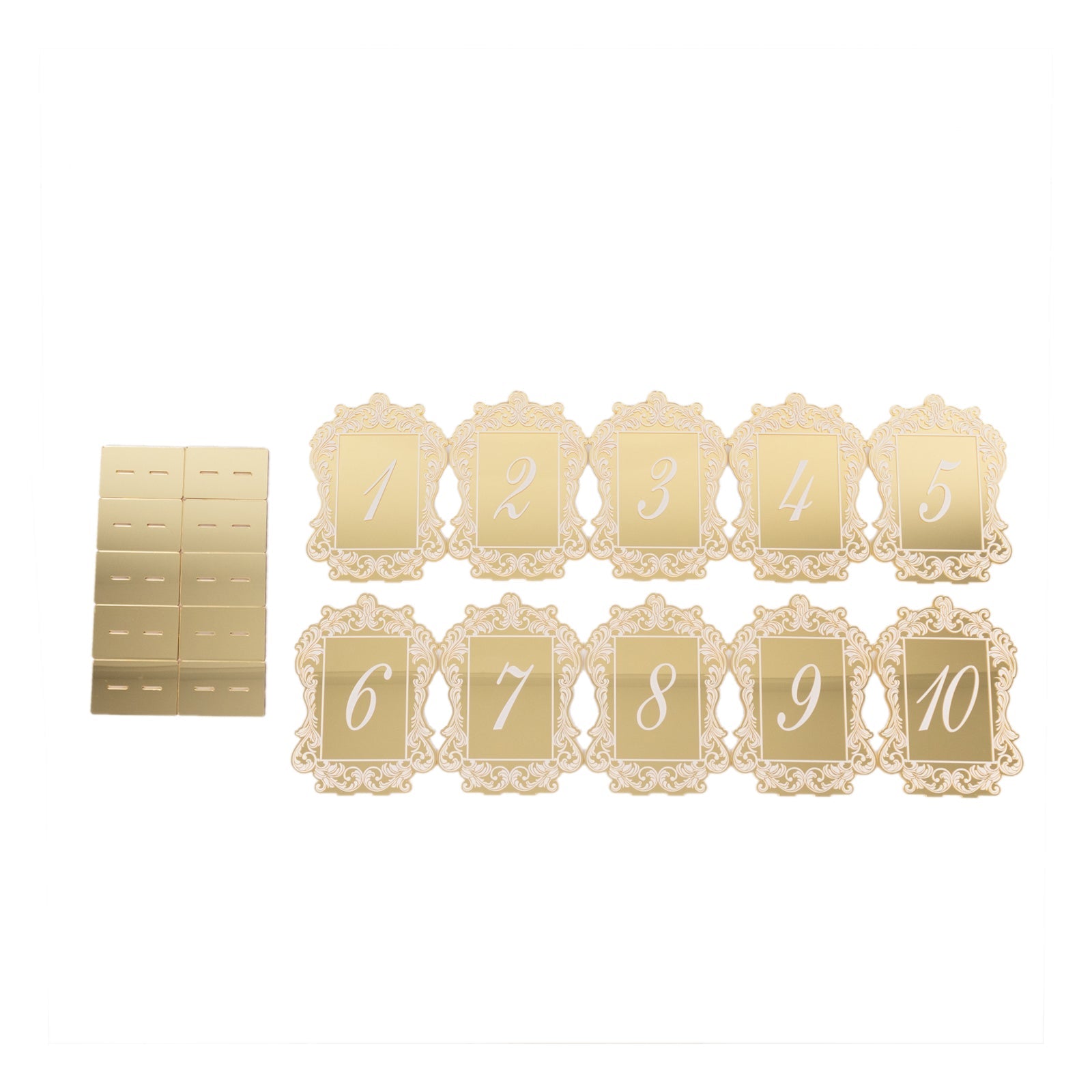 Hot Sale! 10-piece Gold & White Acrylic Wedding Table Numbers (1 - 10) with Baroque Lace Border & Stands