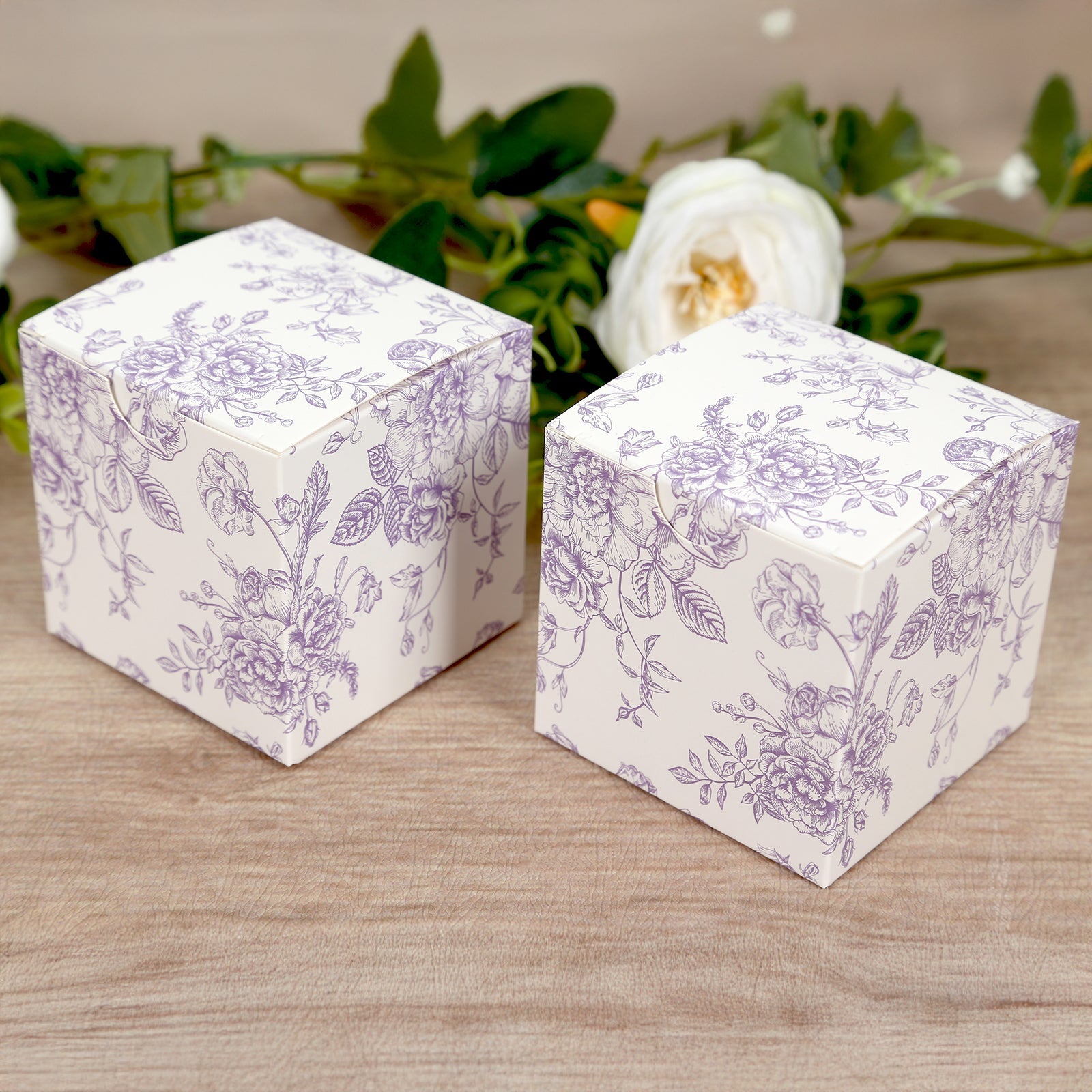 25-Piece Matte Lavender and White French Toile Pattern Cardstock Candy Favor Boxes - 3x3