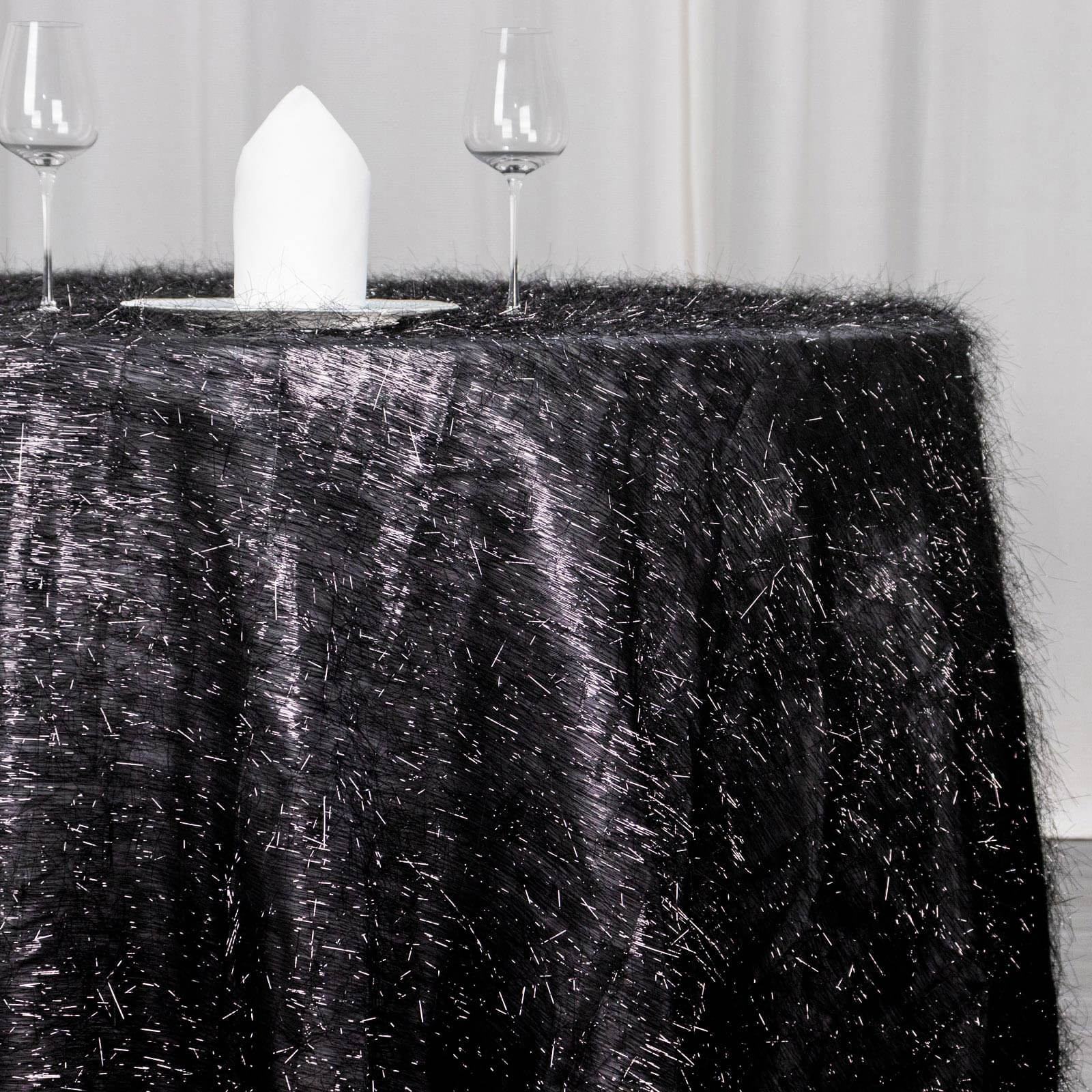 Exclusive Polyester 120-Inch Round Black Tablecloth with Metallic Fringe Shag Tinsel for Events